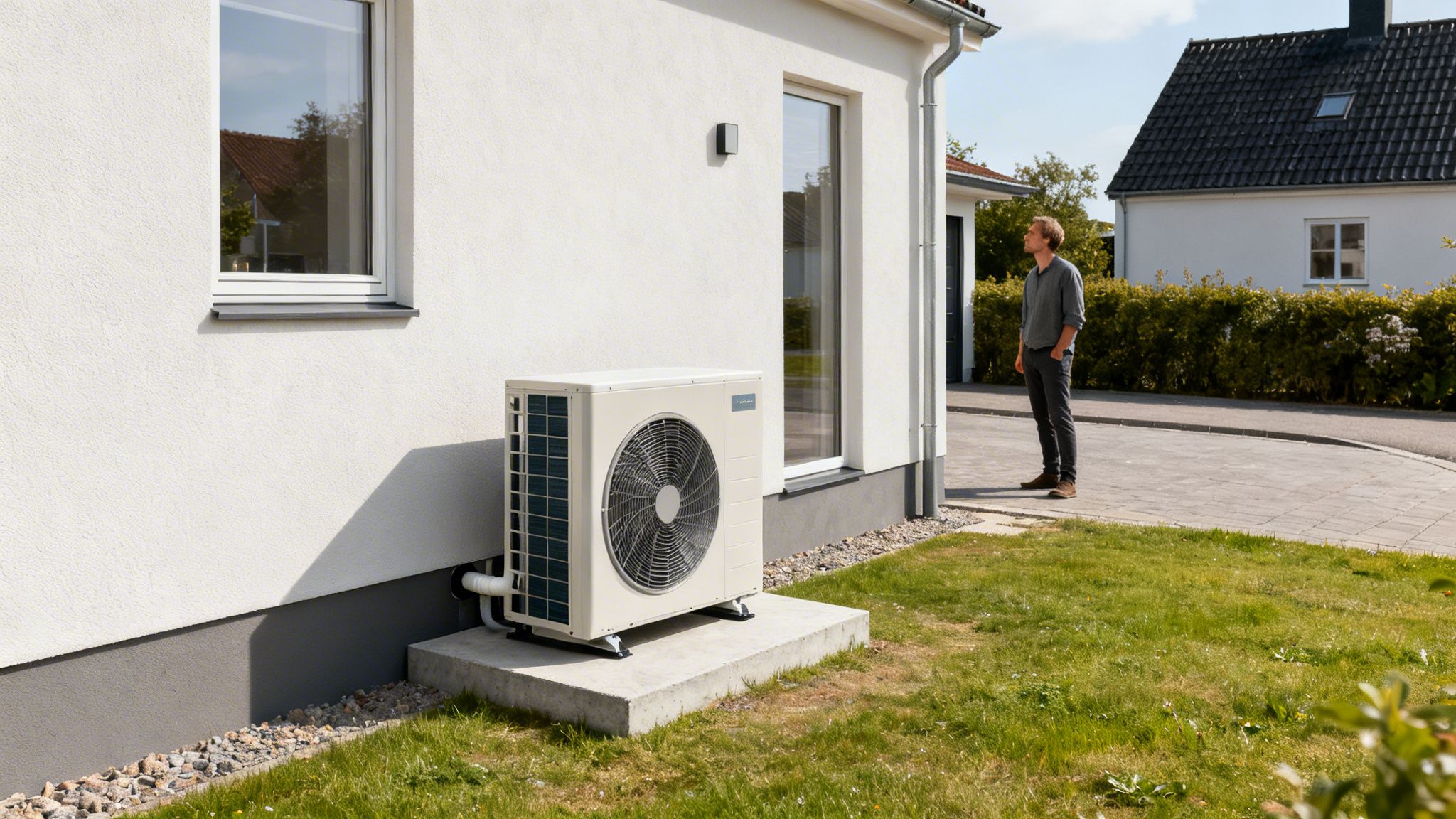 En mand står ved siden af et hus med en hvid varmepumpe installeret udendørs på en solrig dag.