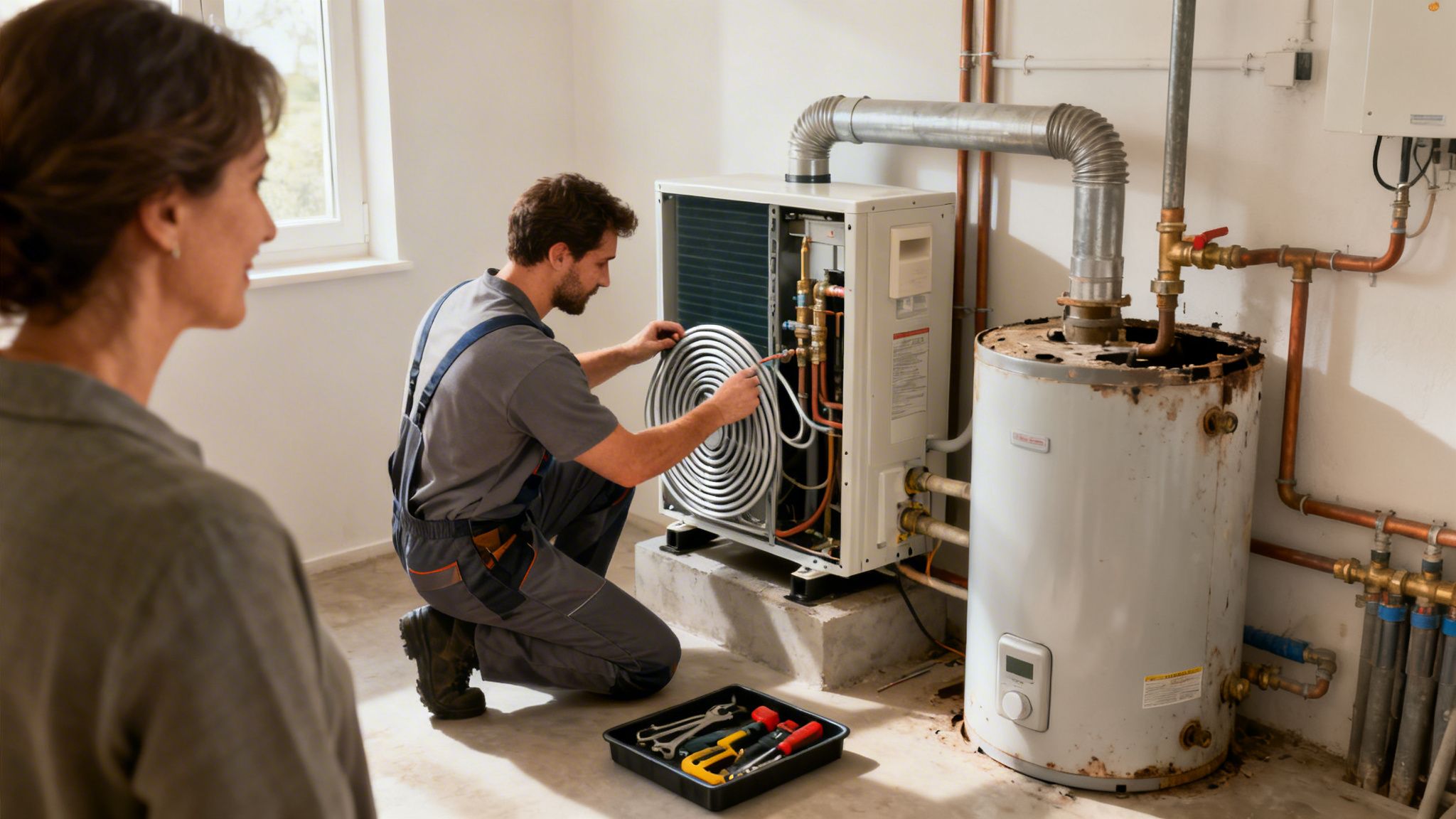 En installatør arbejder på en varmepumpe, mens en kvinde observerer i et bryggers.