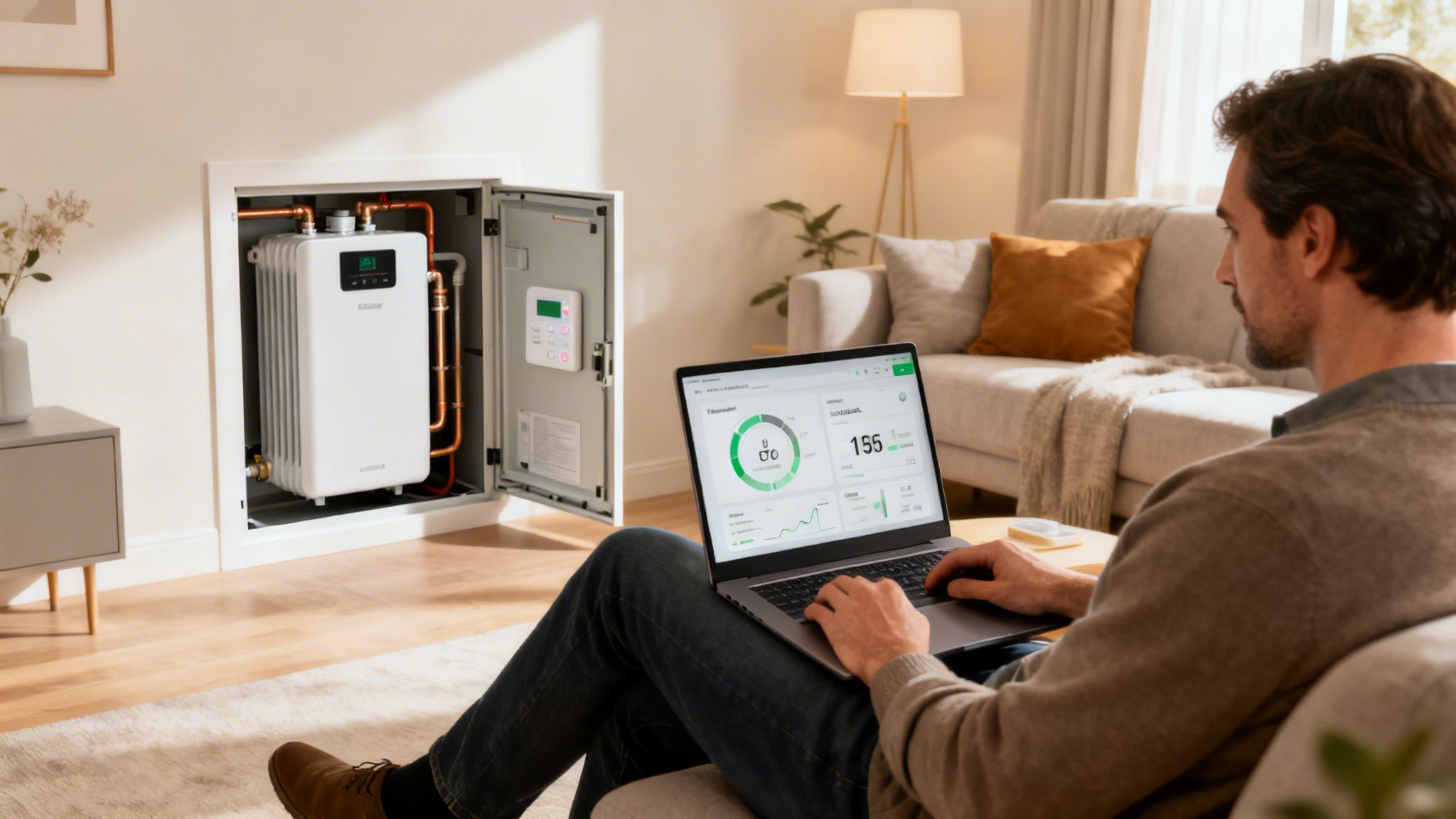 Mand på sofa overvåger energiforbrug på laptop med varmeveksler og fjernvarmesystem i væggen.