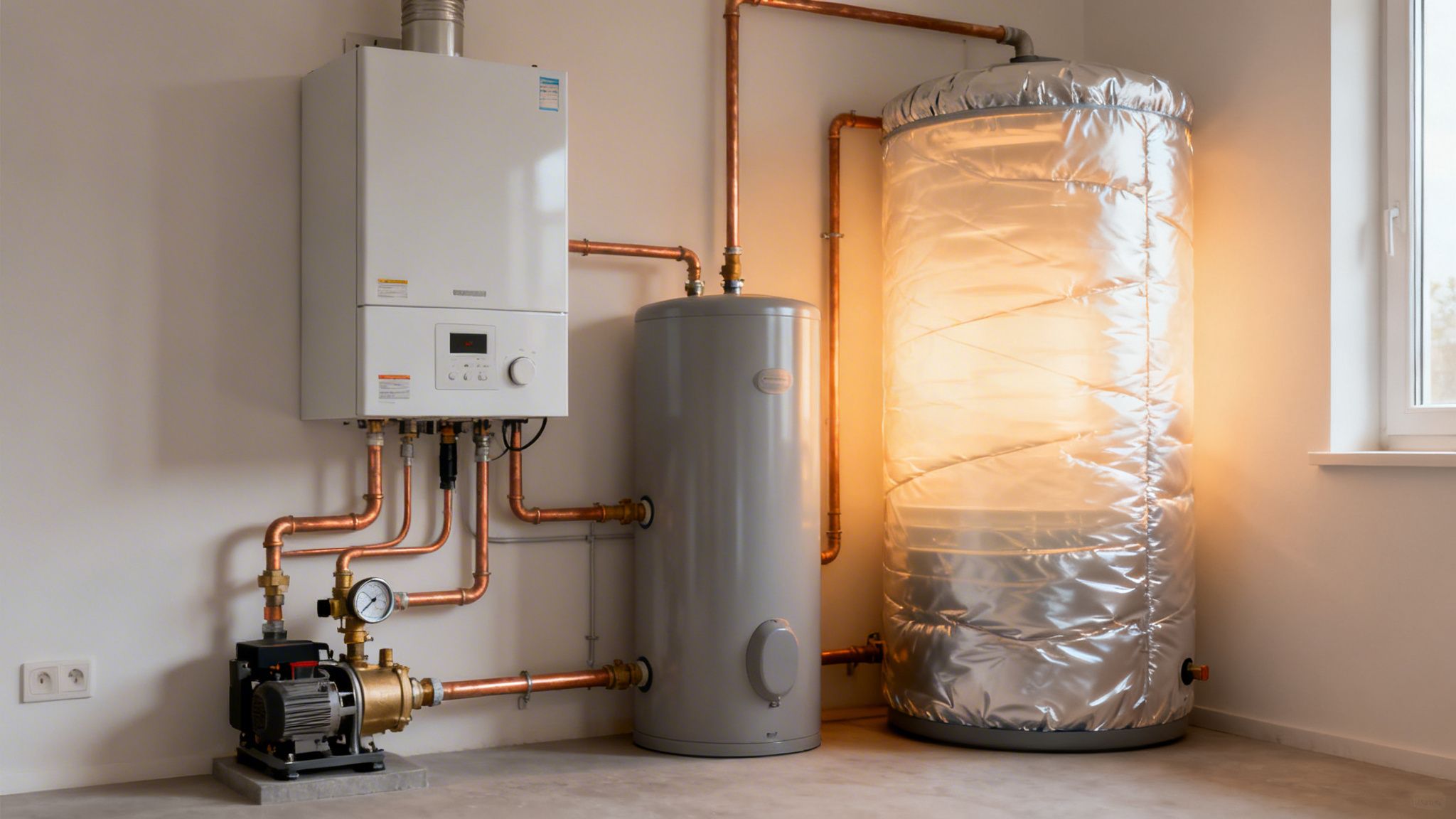 Varmtvandsbeholder og gasfyr installation til effektiv opvarmning.