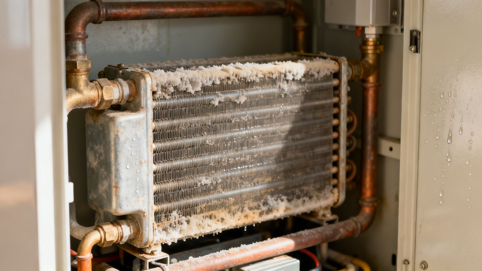 Et frostbelagt varmeveksler med dryppende vand, forbundet med kobberrør, indikerer et potentielt problem i systemet.