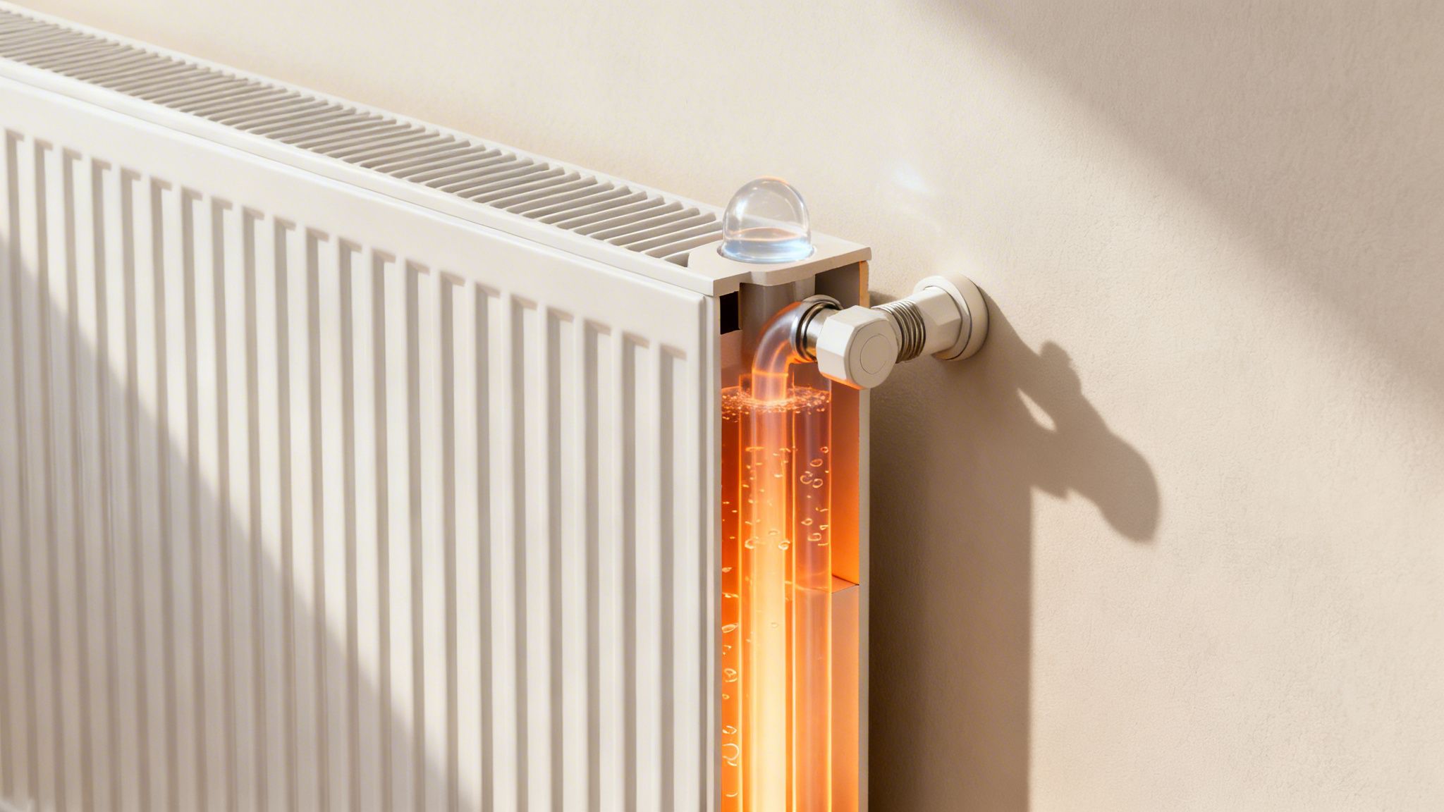 Horsens radiator med varmeelement til effektiv udlufning og varmeregulering.