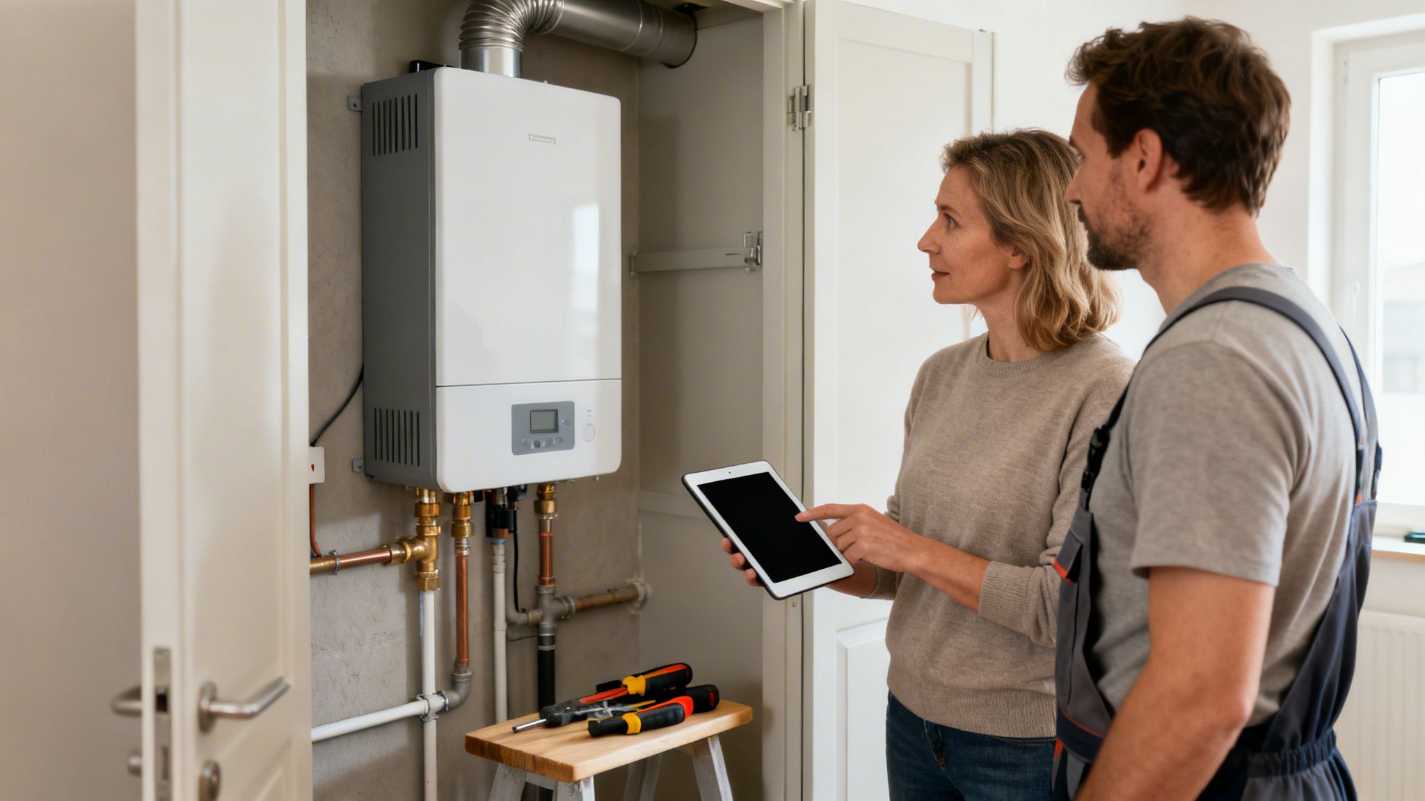 Kvinde og VVS-tekniker diskuterer indstillinger for en varmeveksler ved hjælp af en tablet.