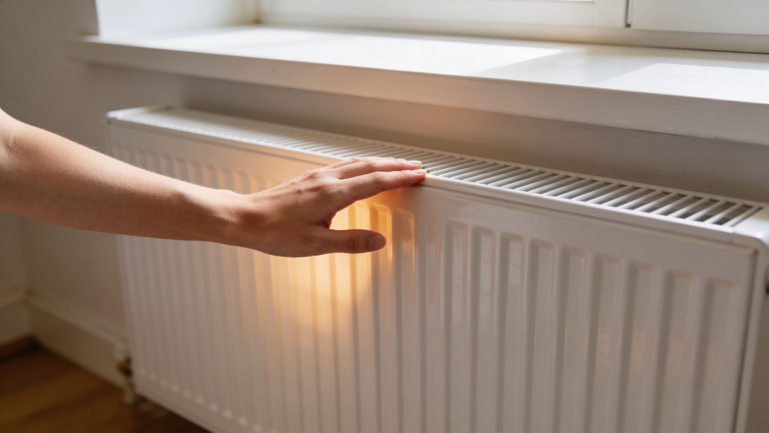 En hånd rører ved en hvid radiator for at mærke om den er varm eller trænger til udluftning.