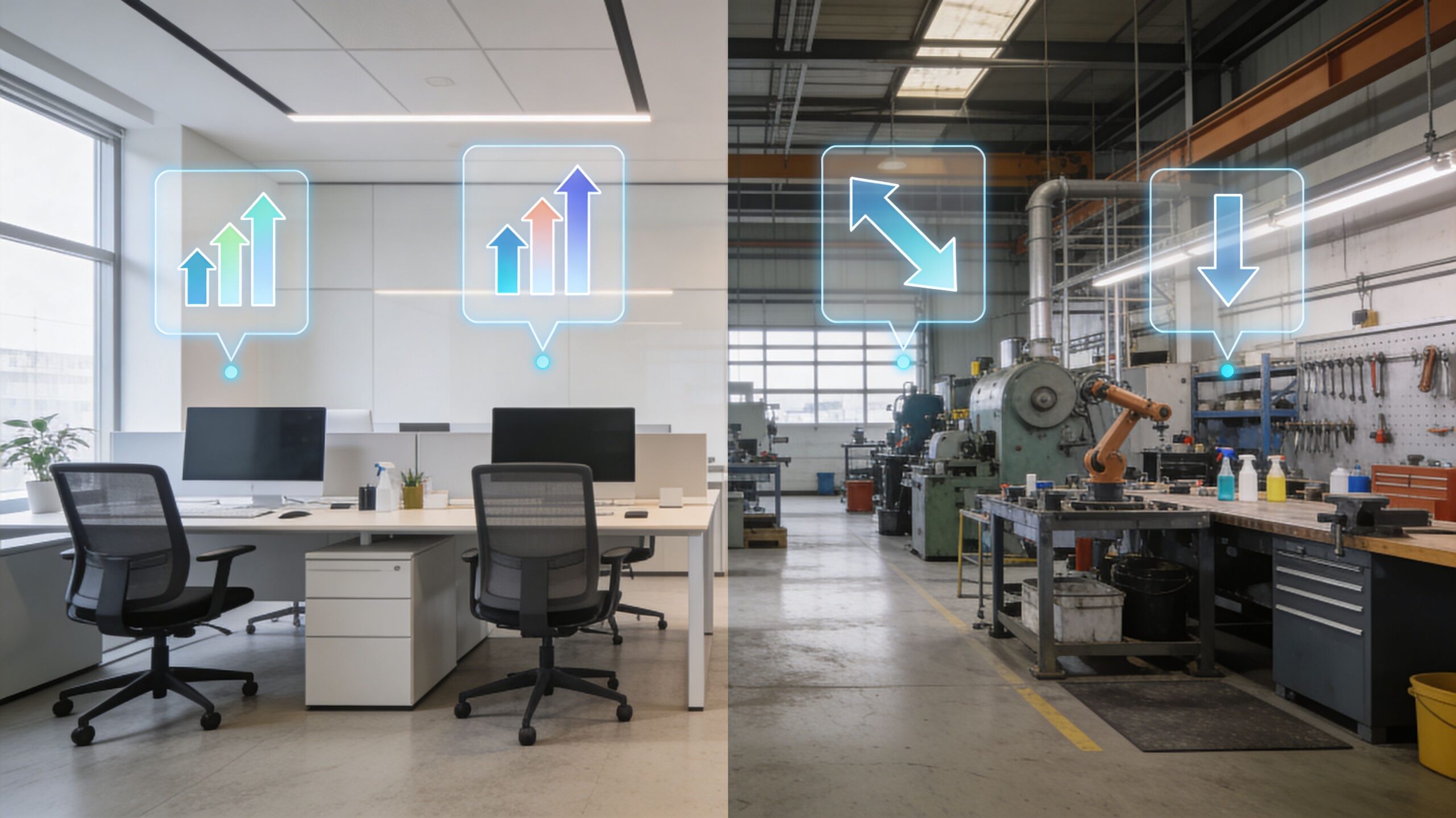 Sammenligning af et moderne kontormiljø og en industrihal med grafiske ikoner, der illustrerer arbejdsmiljøer og produktivitet.