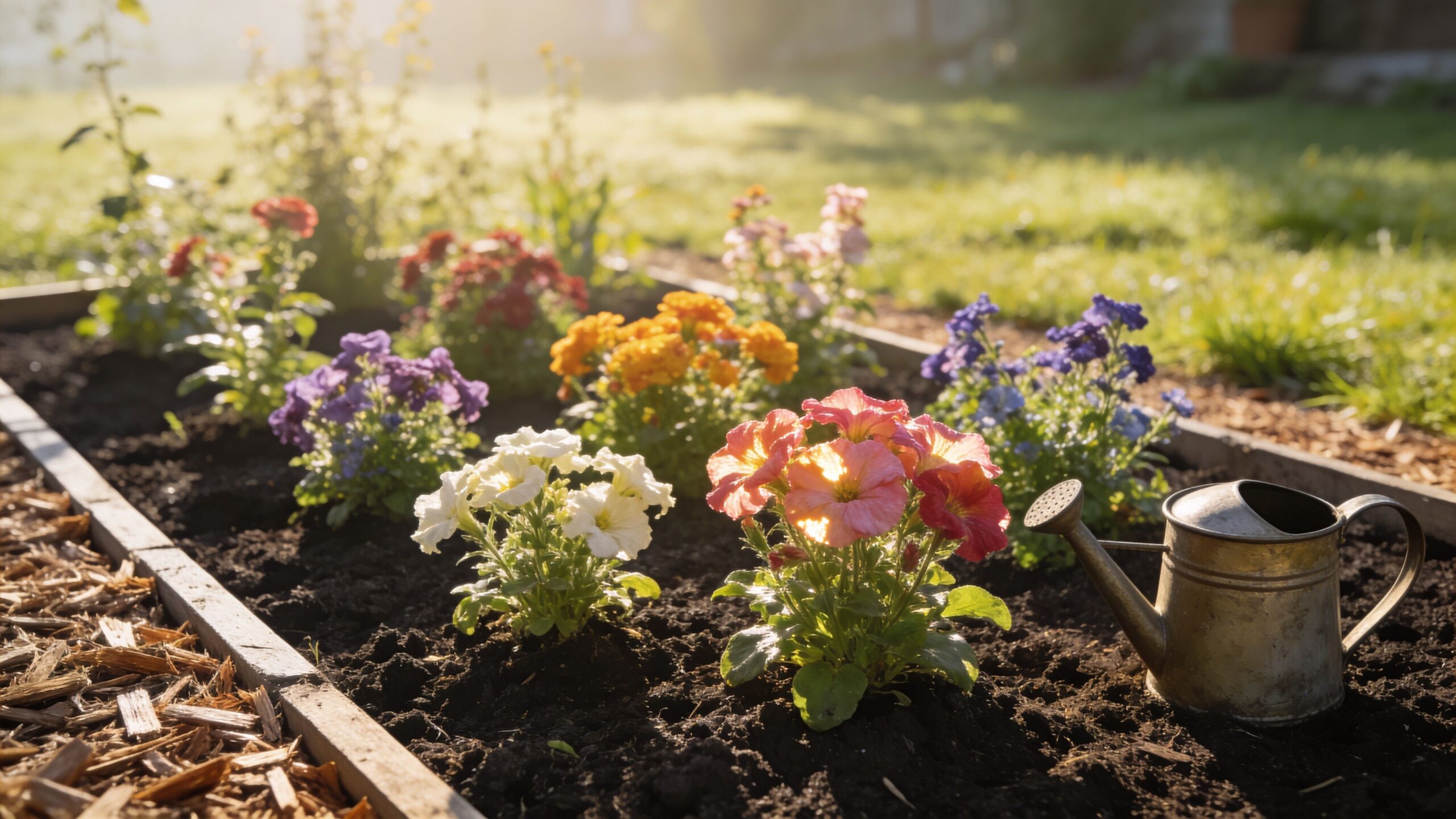 En solskinsdag i haven med farverige sommerblomster plantet i et bed ved siden af en lille vandkande.