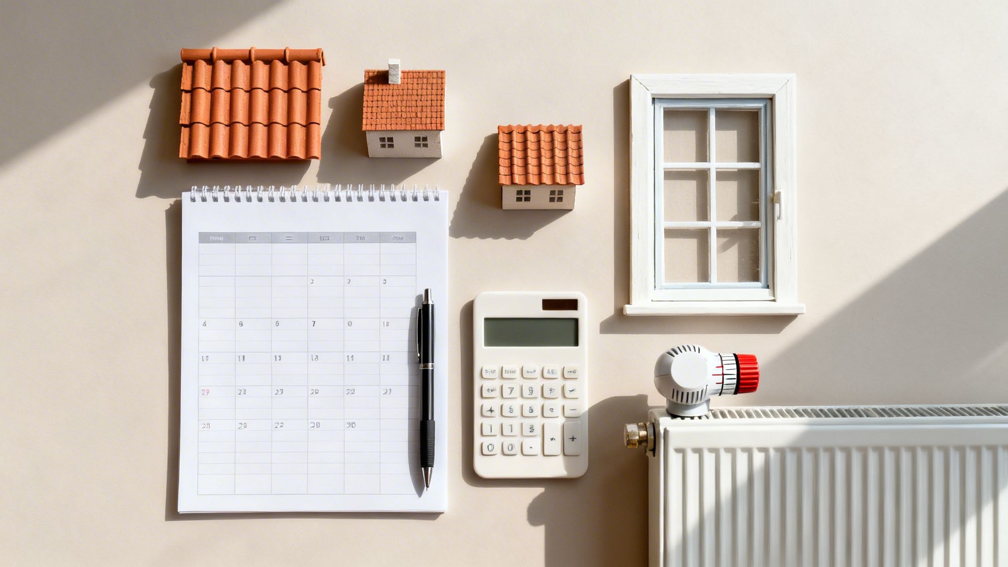 Billede af miniaturehuse, kalender, lommeregner og radiator symboliserer boligvedligeholdelse og energiomkostninger.