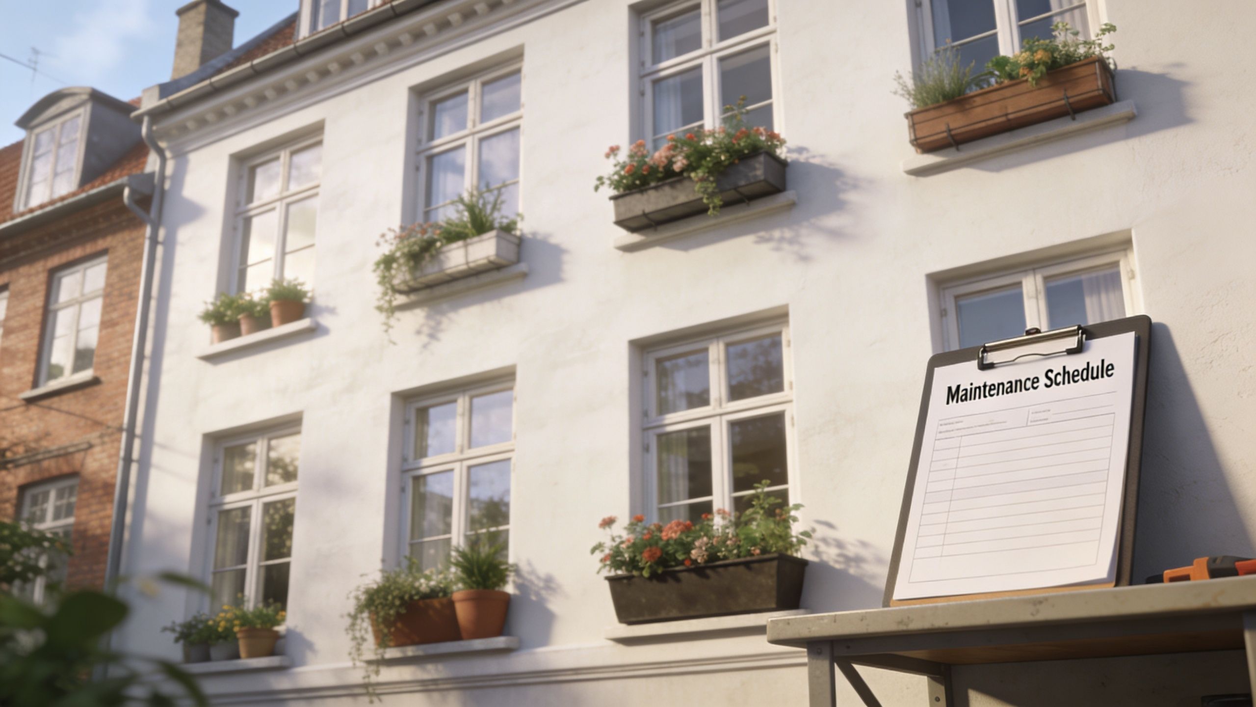 En oversigt over vedligeholdelse af ejendom på en clipboard foran en bygning med blomsterkasser ved vinduerne.