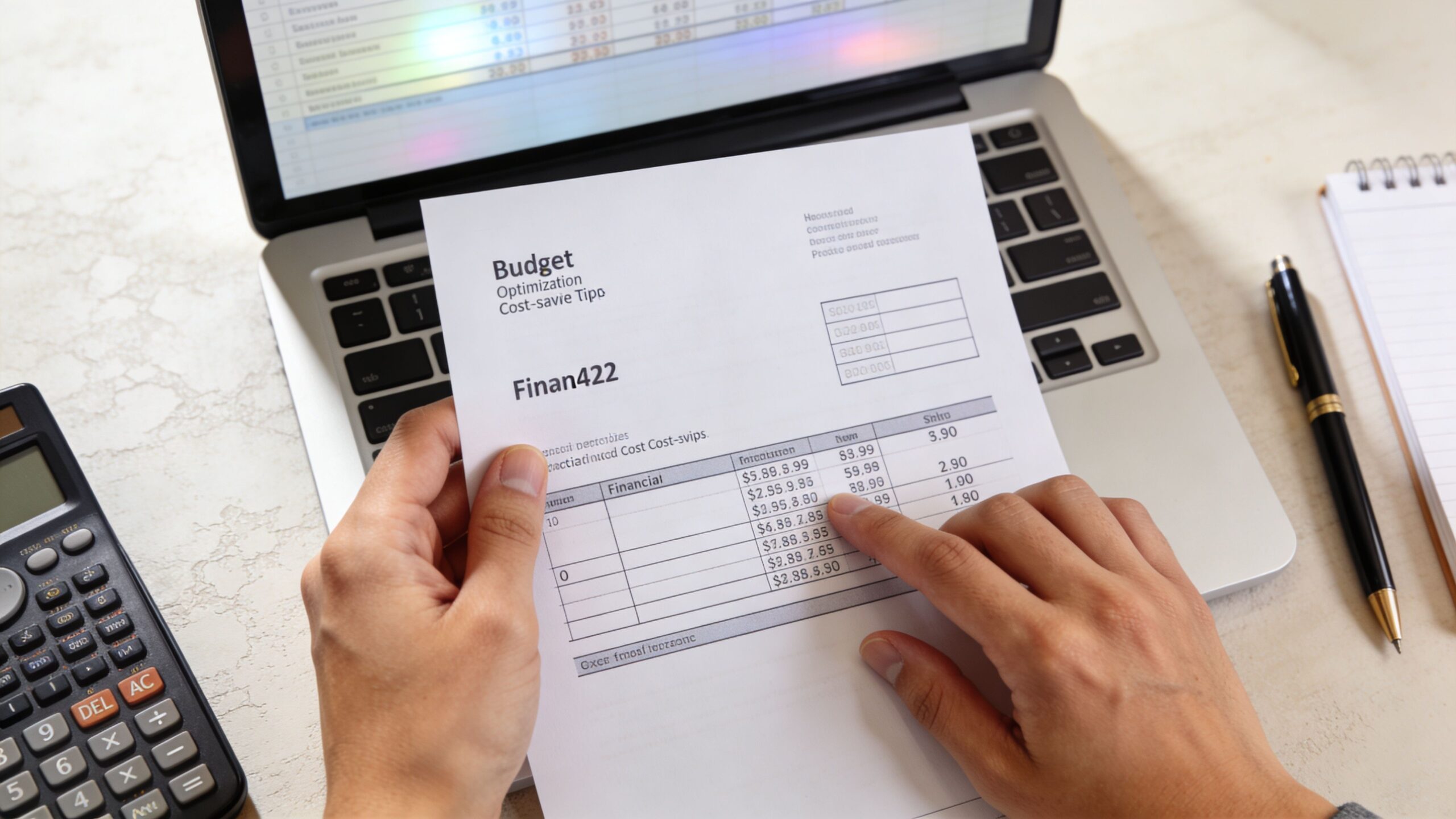 En person sidder med et dokument om budgetoptimering og økonomisk planlægning ved siden af en bærbar computer.