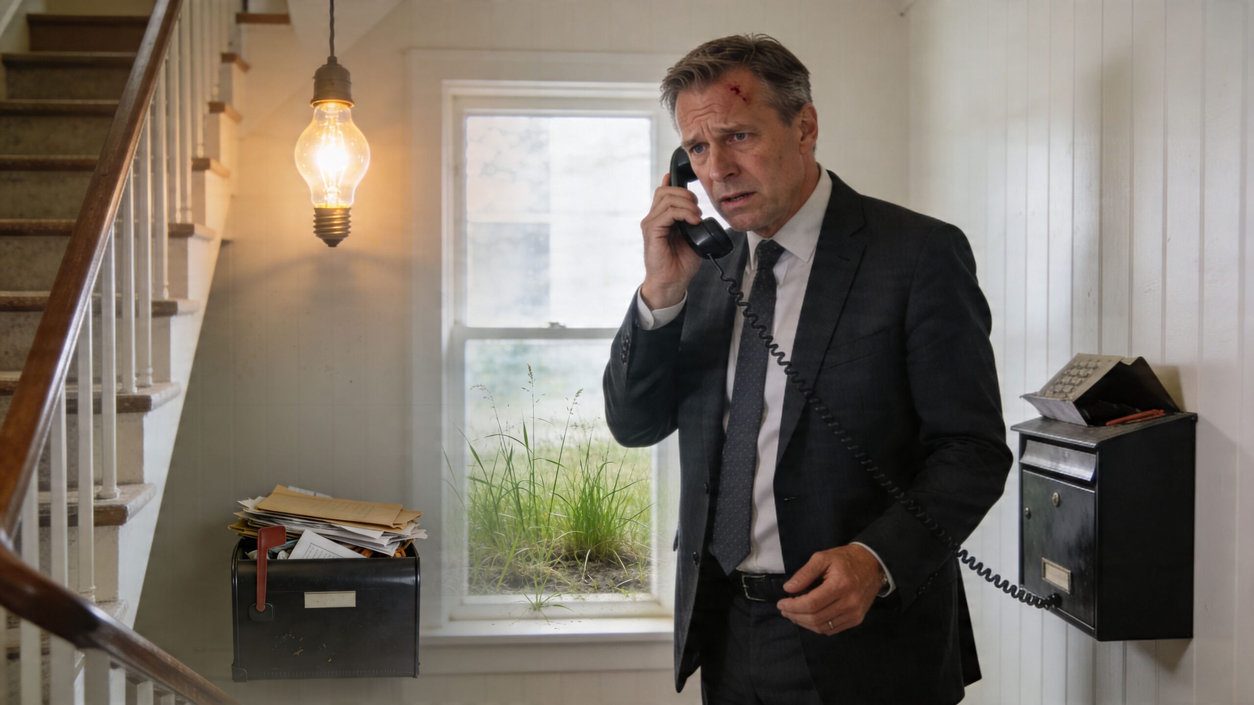 En bekymret forretningsmand i jakkesæt taler i en gammeldags fastnettelefon i en hall med en postkasse.