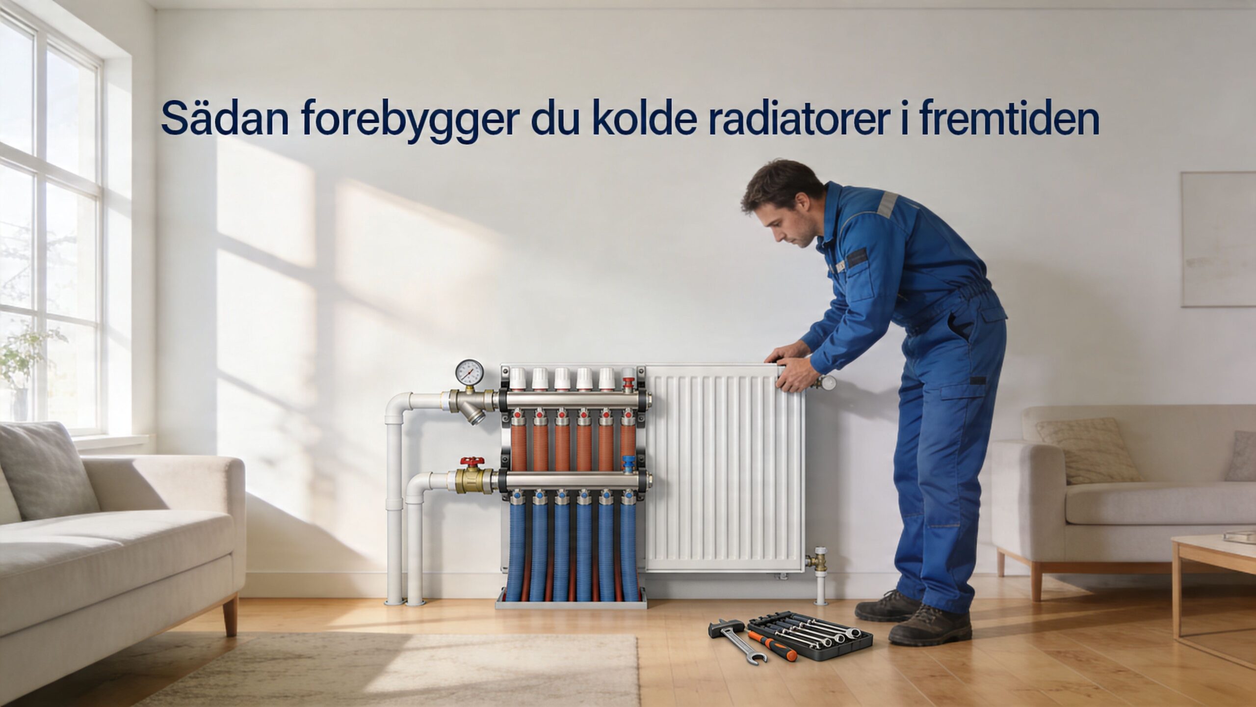 En VVS-installatør arbejder på en radiator med et tilsluttet manifold-system i en moderne stue for at forebygge kulde.