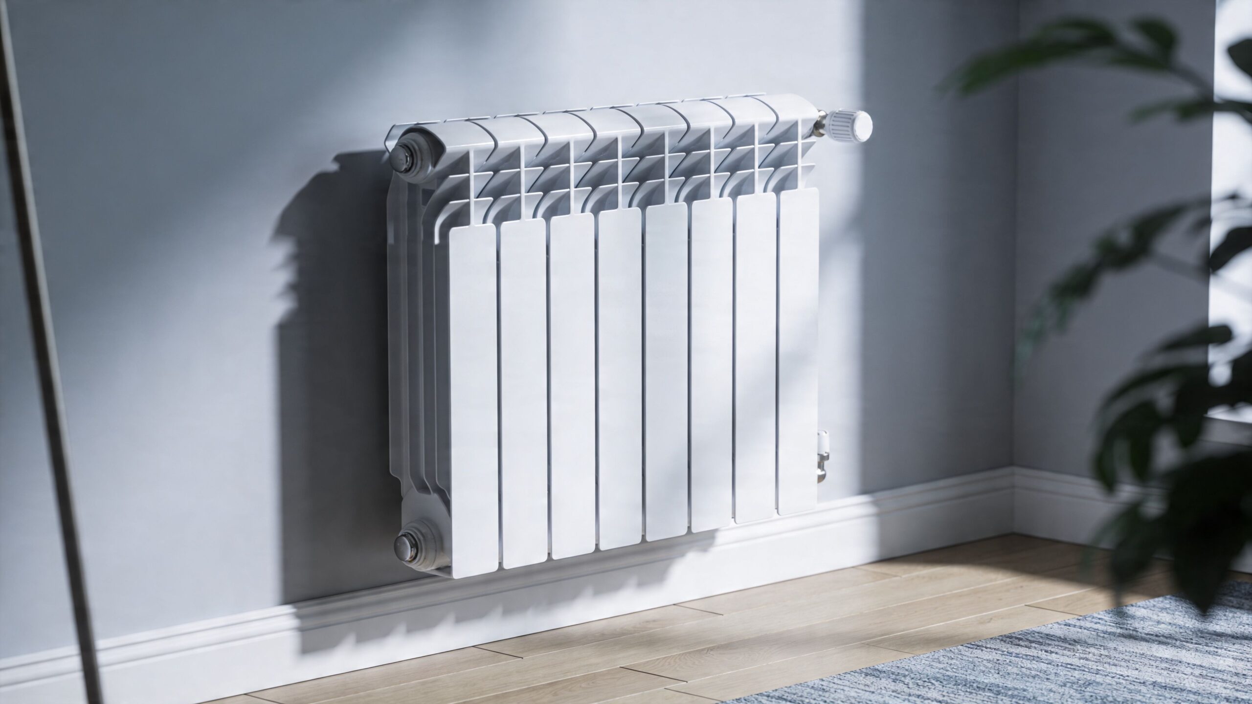 En hvid radiator monteret på en grå væg i et moderne, veloplyst rum med trægulv.