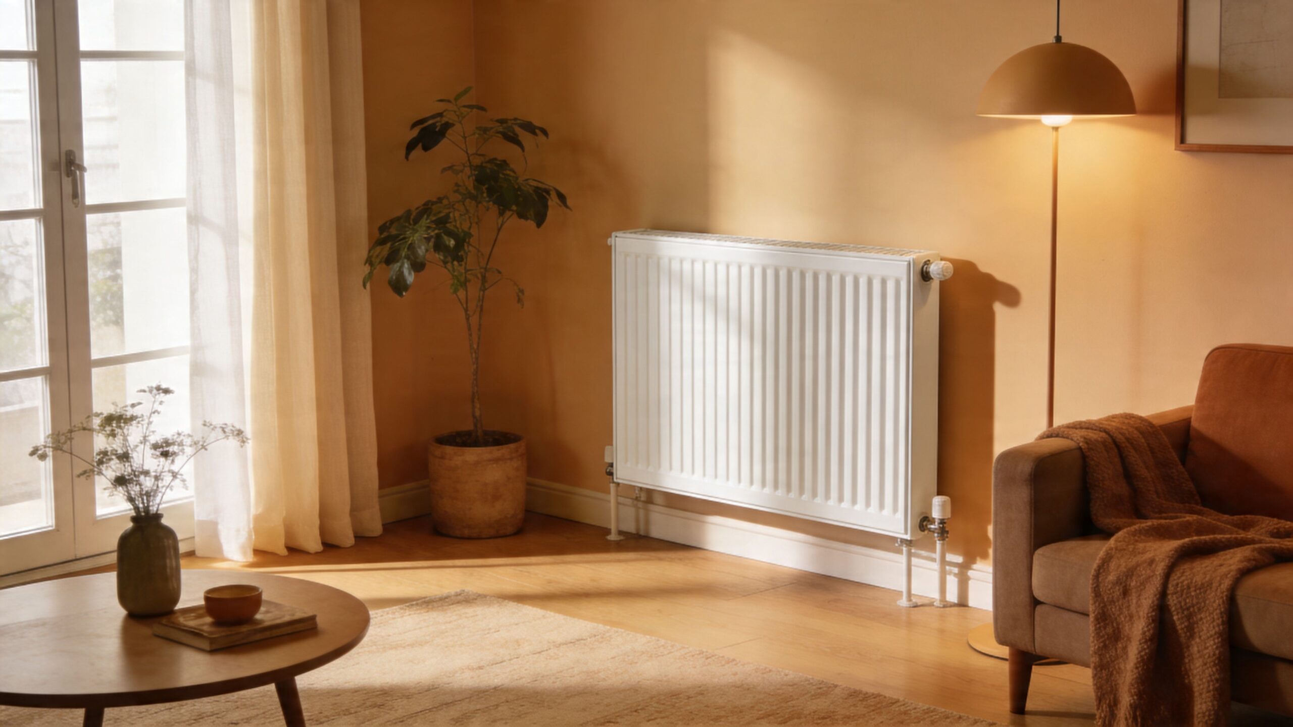 En hvid radiator monteret på en varmbeige væg i en hyggelig stue med møbler og planter.