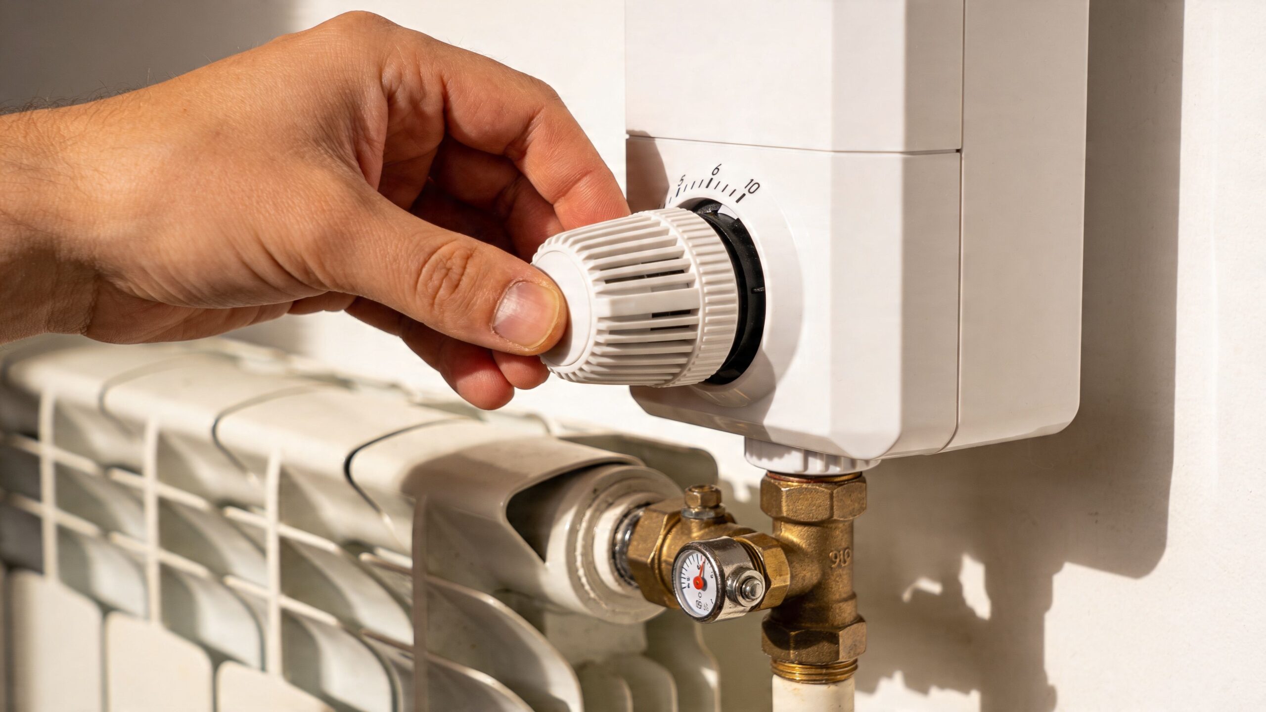 En hånd justerer termostaten på en hvid radiator for at regulere temperaturen i et moderne hjem.