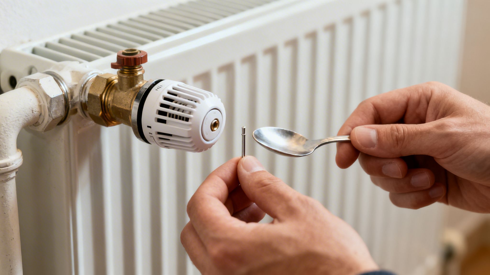 En person holder en lille stift og en ske op mod en radiatorventil, der muligvis repareres.