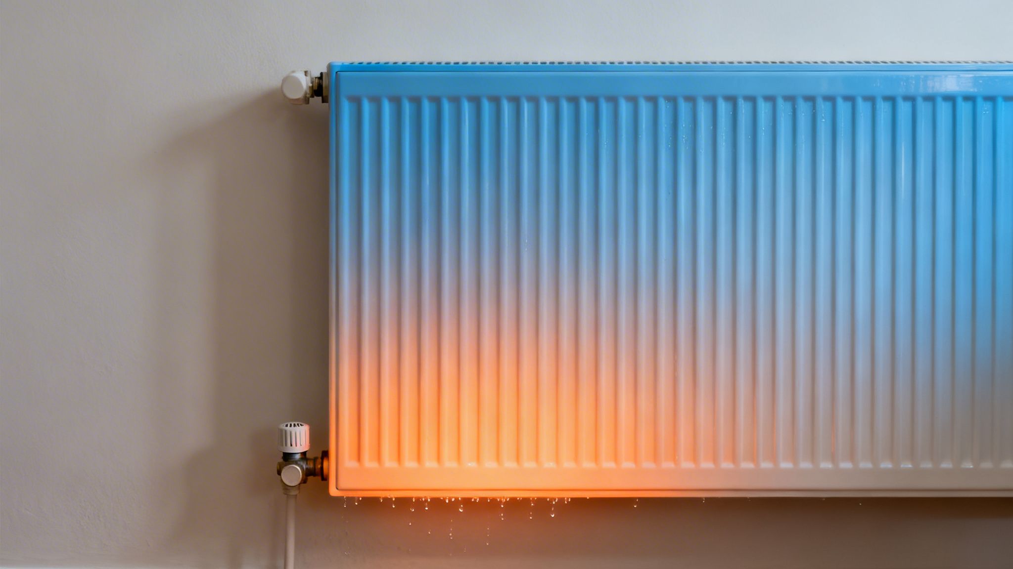 Radiator med blå top og orange bund, der viser varmefordeling og små vanddråber i bunden.