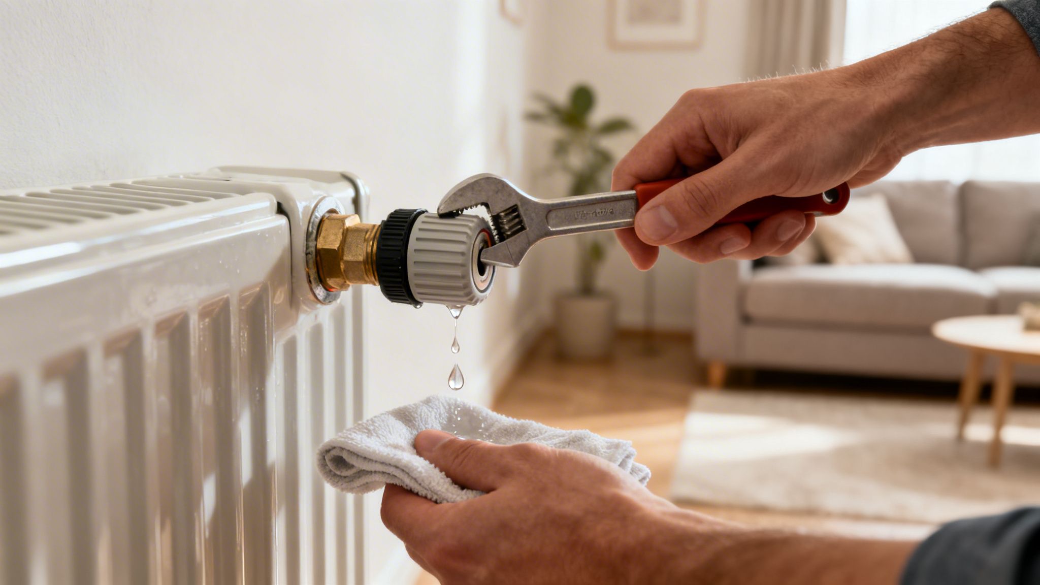 En person udlufter en radiator med en skruenøgle, og vand drypper ned på en klud.