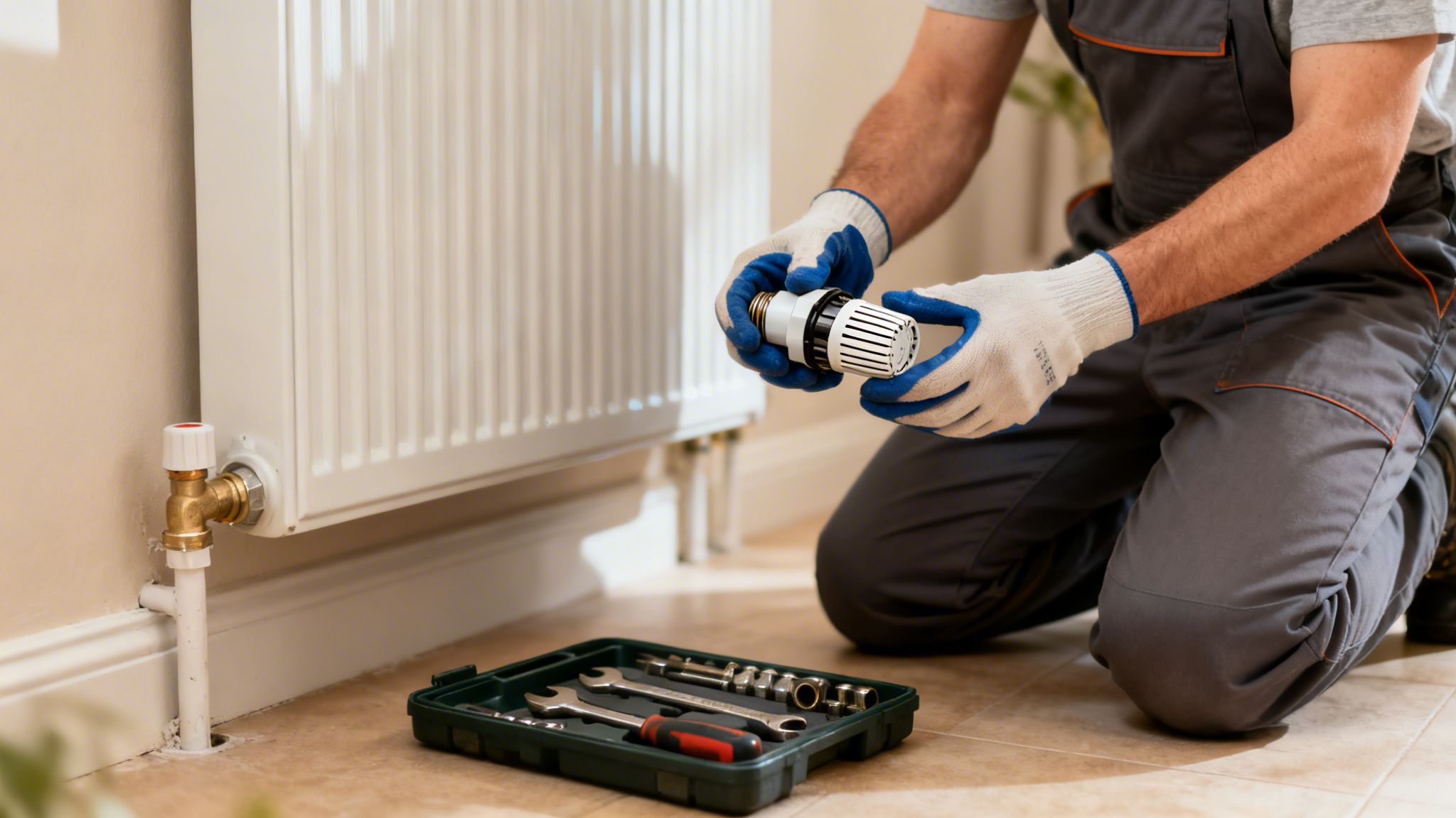 En person i arbejdshandsker holder en termostatisk radiatorventil, klar til installation ved en hvid radiator.