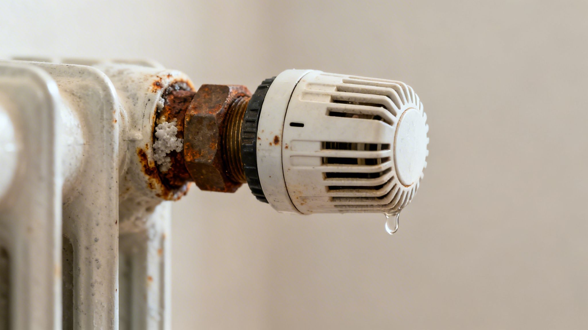 En utæt radiatorventil med rust, mineralaflejringer og en vanddråbe der hænger under den.