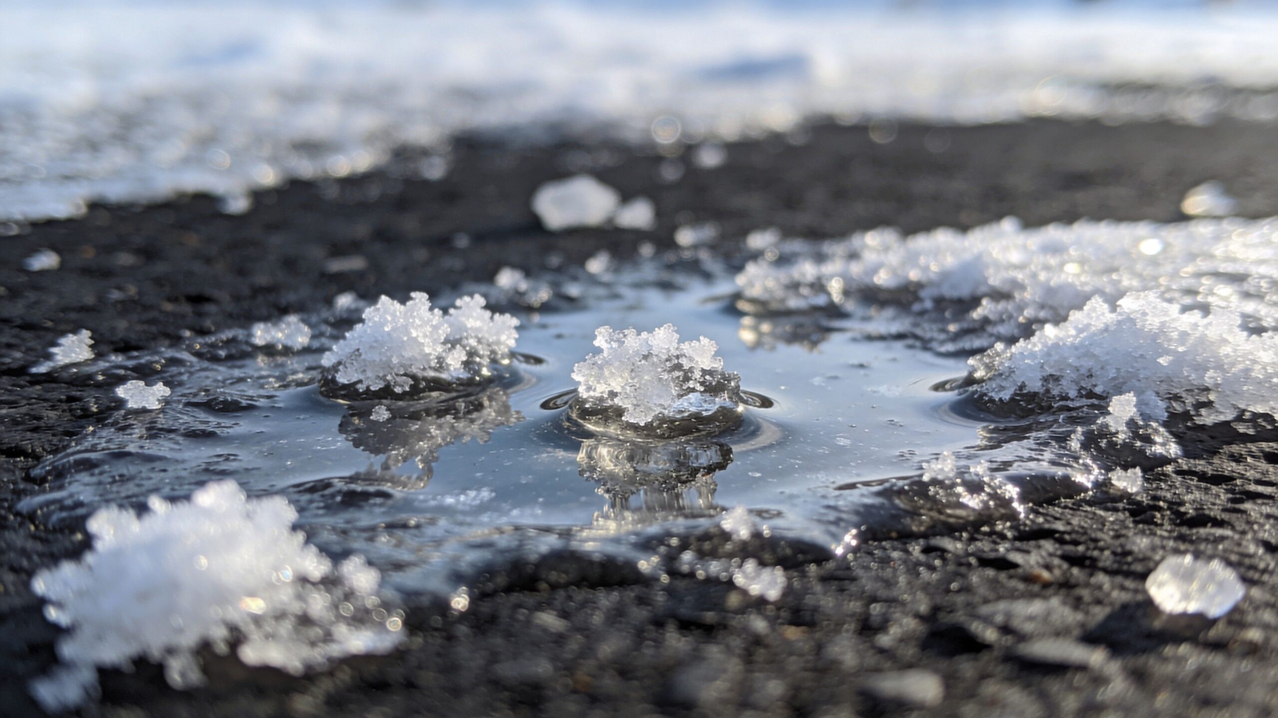 En lille vandpyt på en asfaltvej med smeltende sne og is, der viser tegn på vintervejr.
