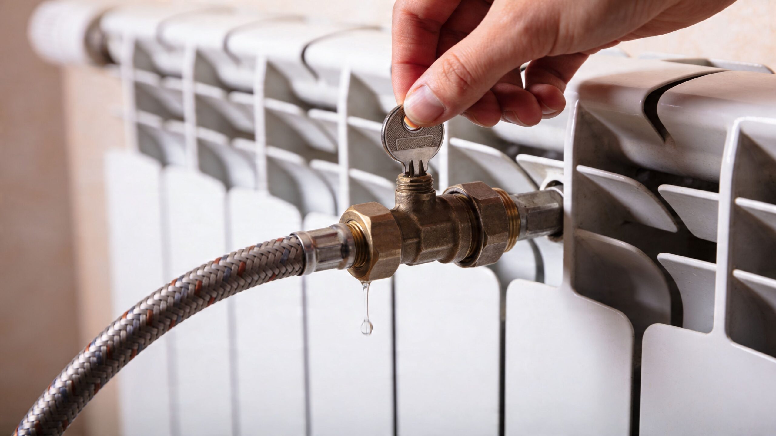 En person lufter en hvid radiator ud ved hjælp af en lille radiatornøgle for at optimere varmen.