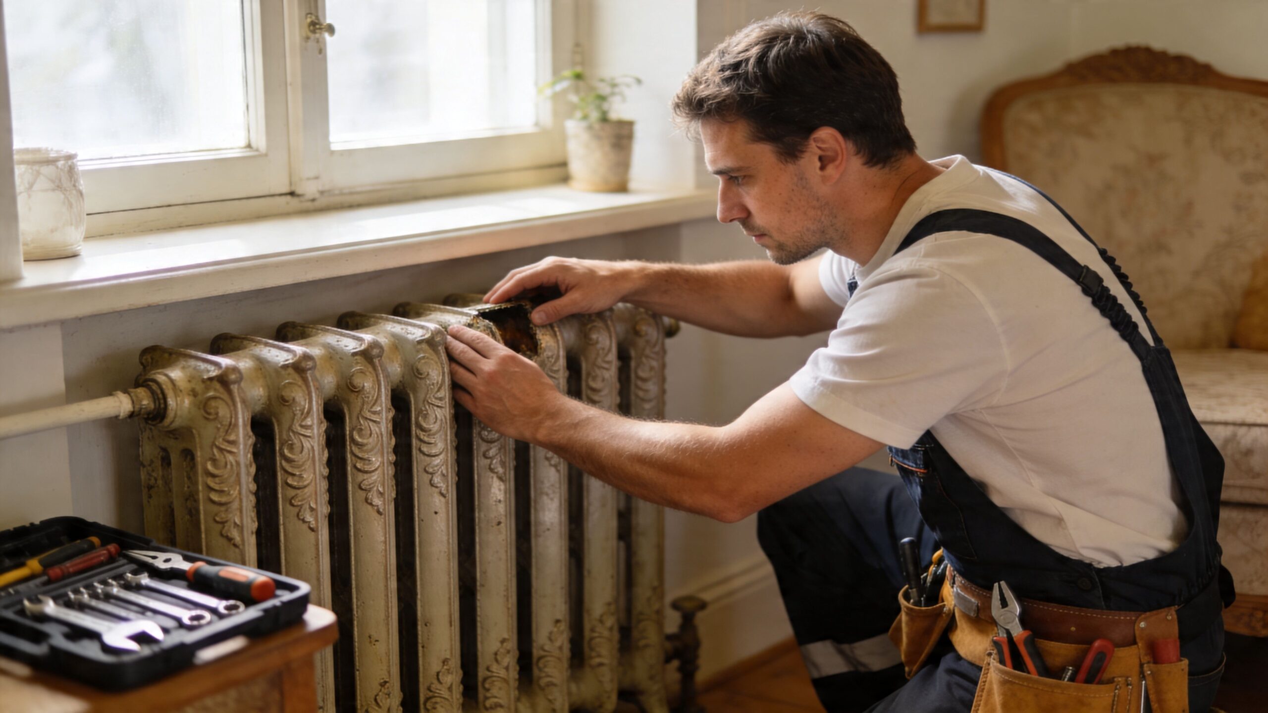 En reparatør undersøger en gammel radiator i et hjem for at optimere boligens varmeeffektivitet og spare energi.