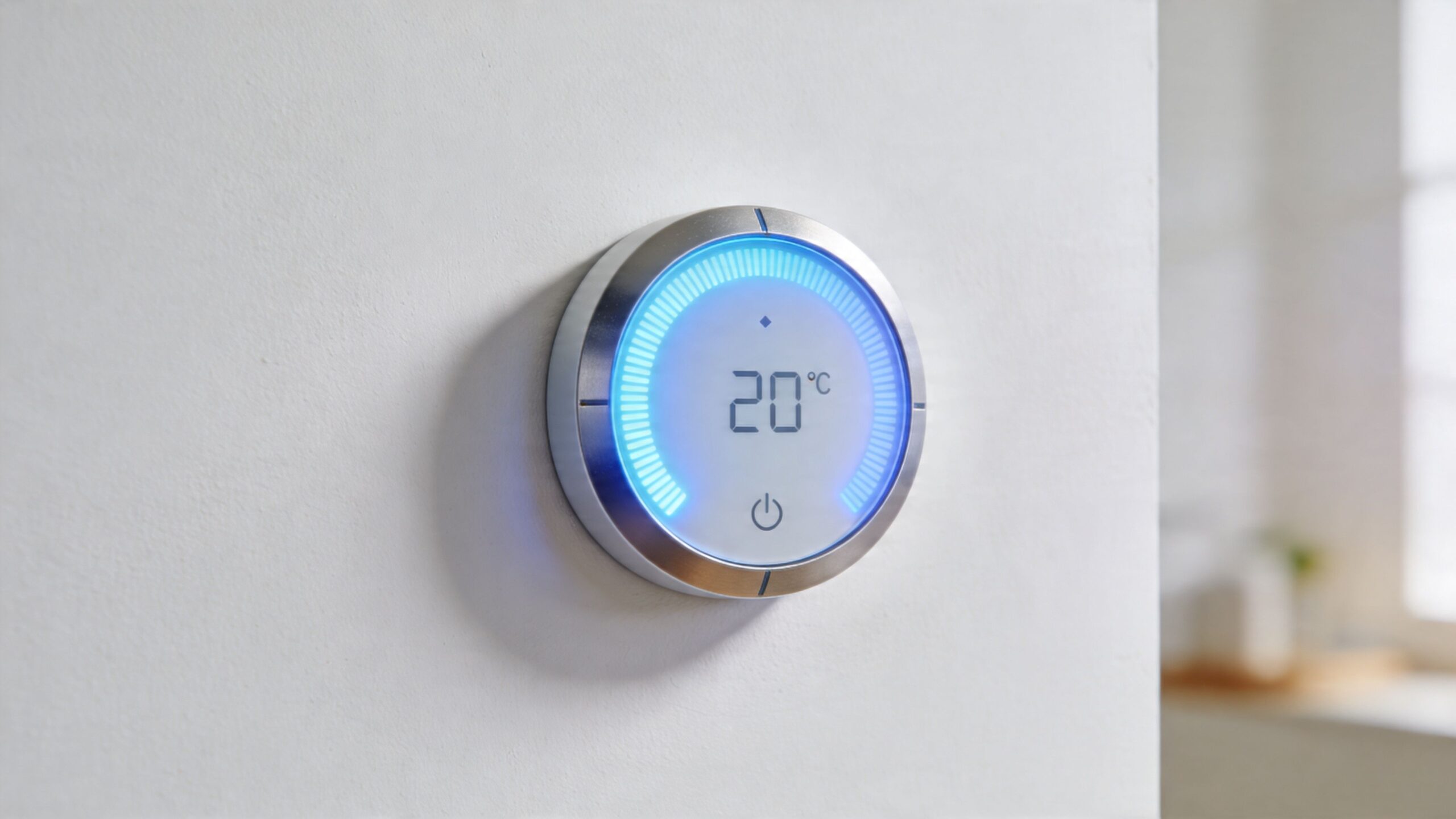 En moderne digital termostat monteret på en hvid væg viser en temperatur på 20 grader med blåt lys.