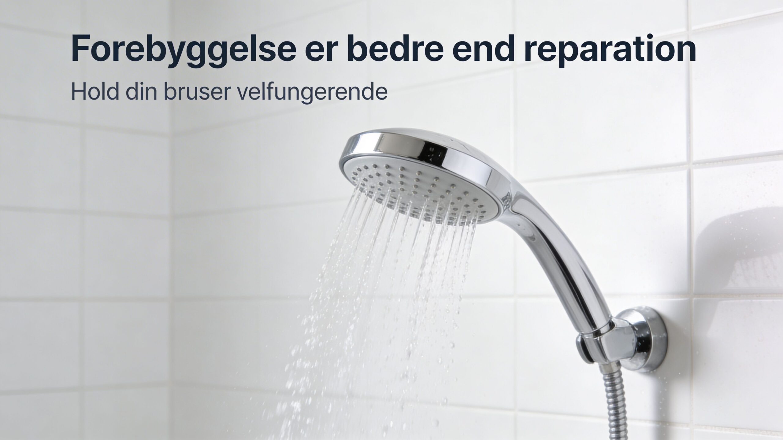 Et brusehoved sprøjter vand foran en væg med hvide fliser, der illustrerer forebyggelse af problemer med bruseren.