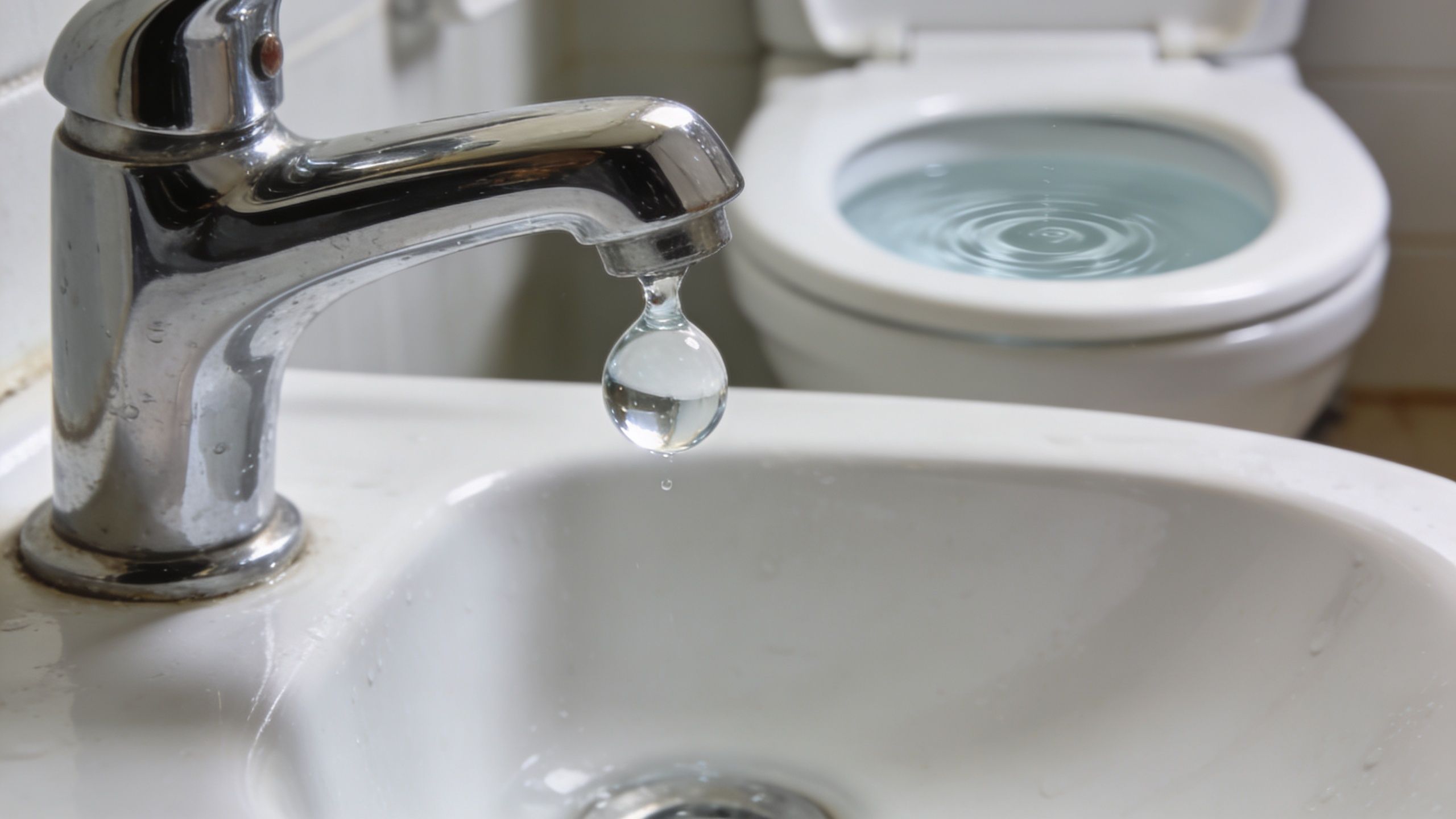 En tæt vandhane der drypper ned i en håndvask med et toilet i baggrunden i et badeværelse.