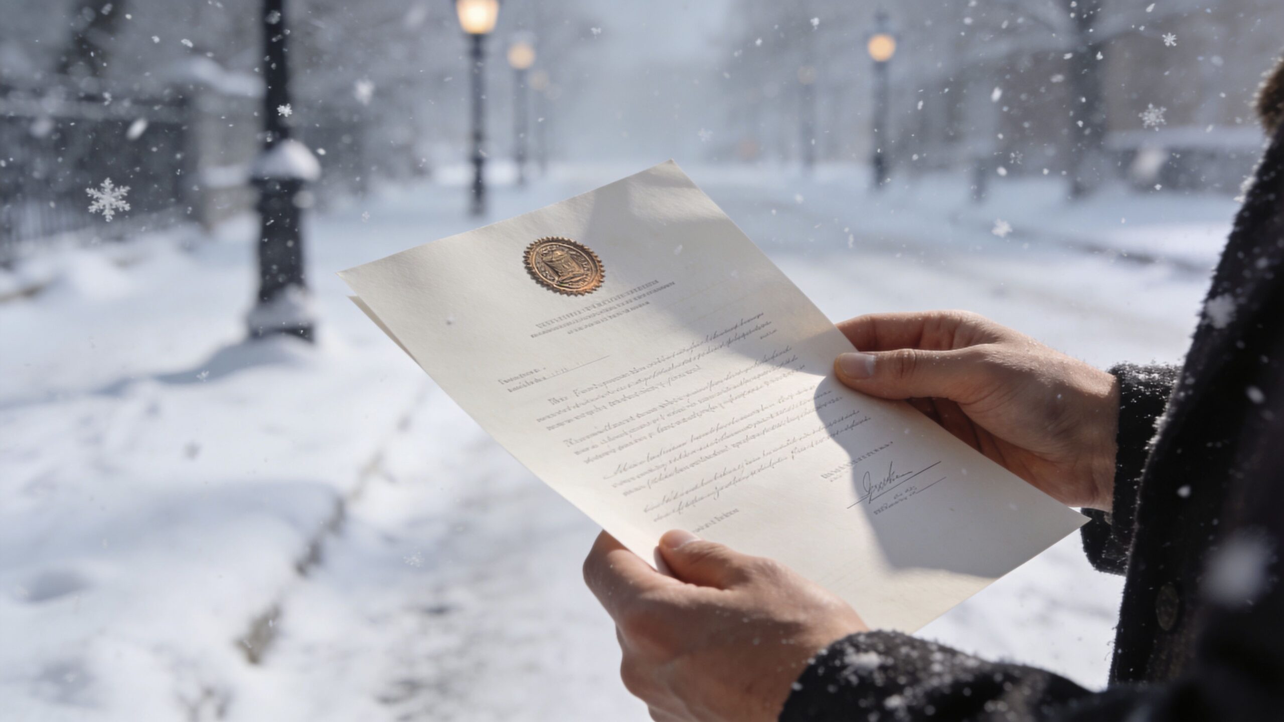 En person holder et officielt dokument med et segl i hænderne under snevejr på en gade.