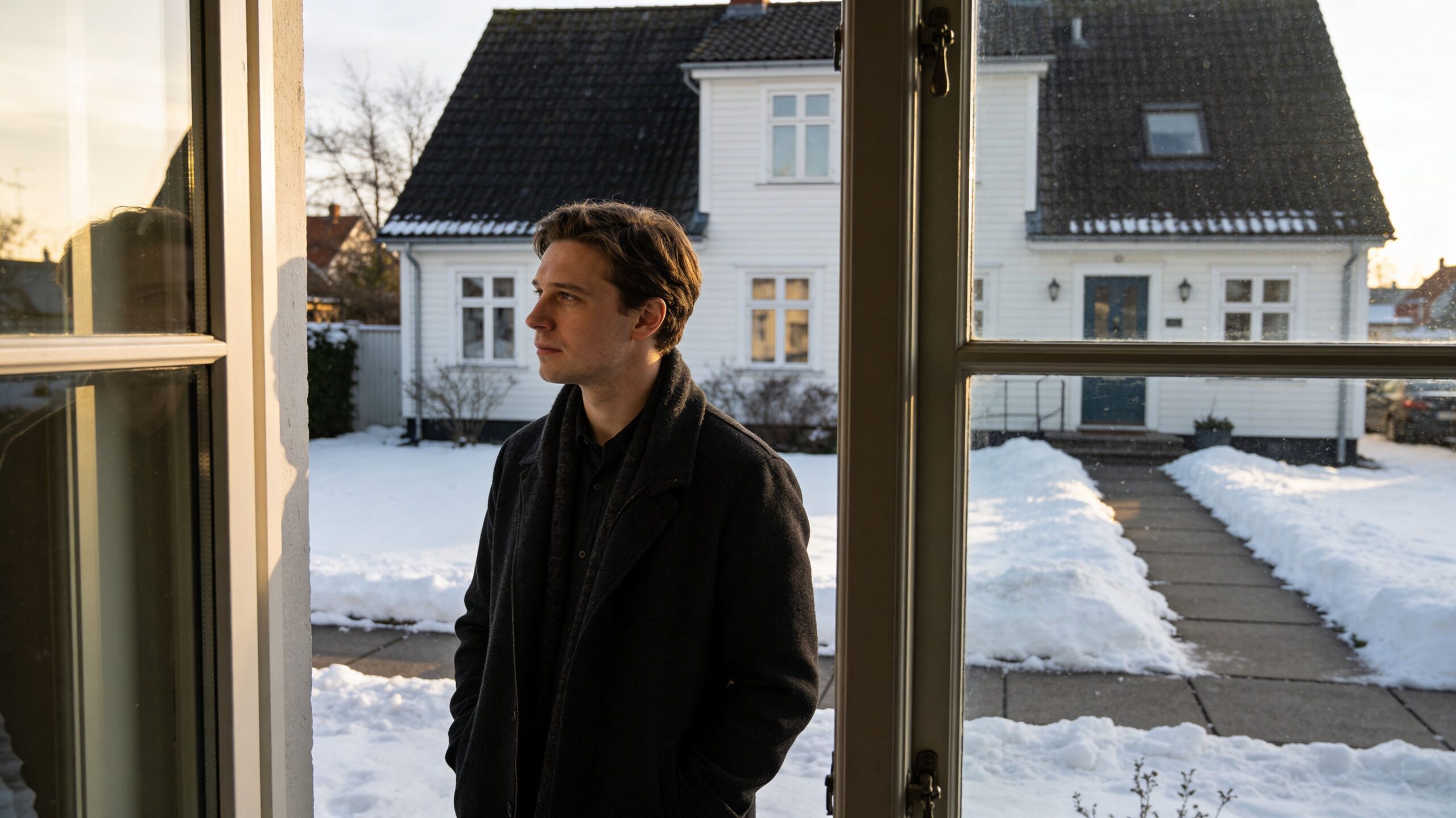 En ung mand i en sort frakke kigger ud gennem et vindue på et snedækket hus og have.