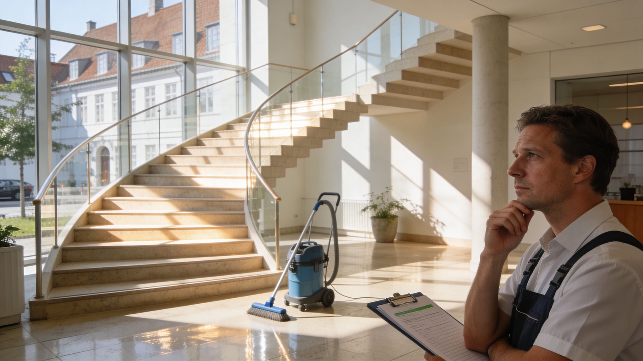 En professionel rengøringsmand står med en blok og overvejer rengøringsopgaver ved en moderne trappeopgang.