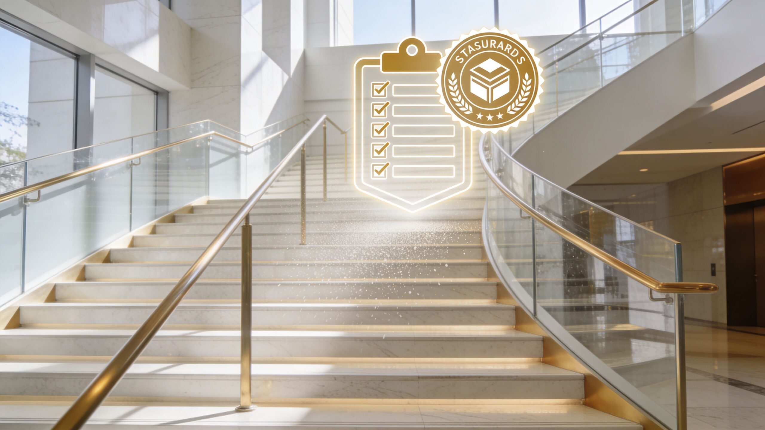 En ren og elegant trappeopgang med et symbol for professionel rengøringsservice, der illustrerer vedligeholdelse og høj kvalitet.