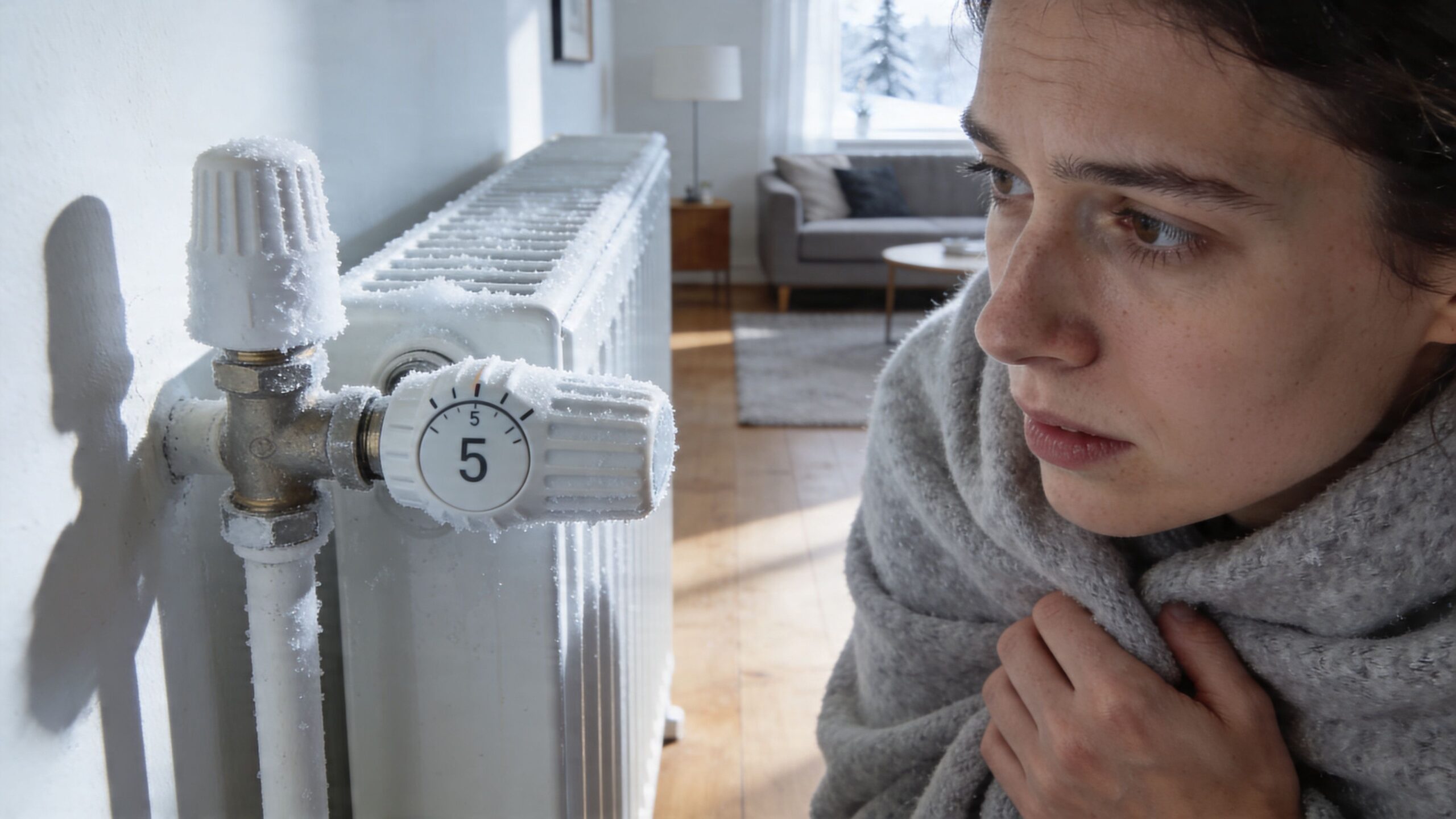 En kvinde pakket ind i et tæppe kigger bekymret på en tiliset radiator i en kold stue.