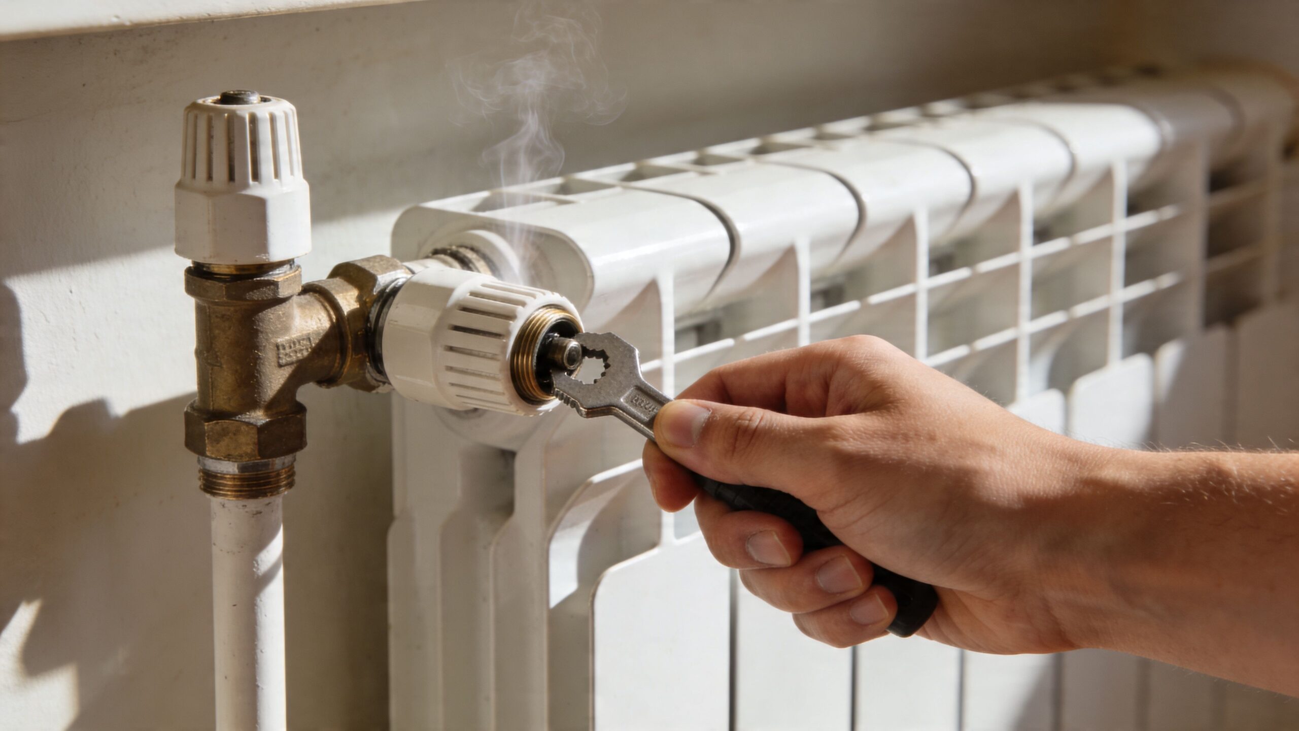 En person reparerer en utæt radiatortermostat med en skruenøgle, mens der kommer damp ud fra ventilen.