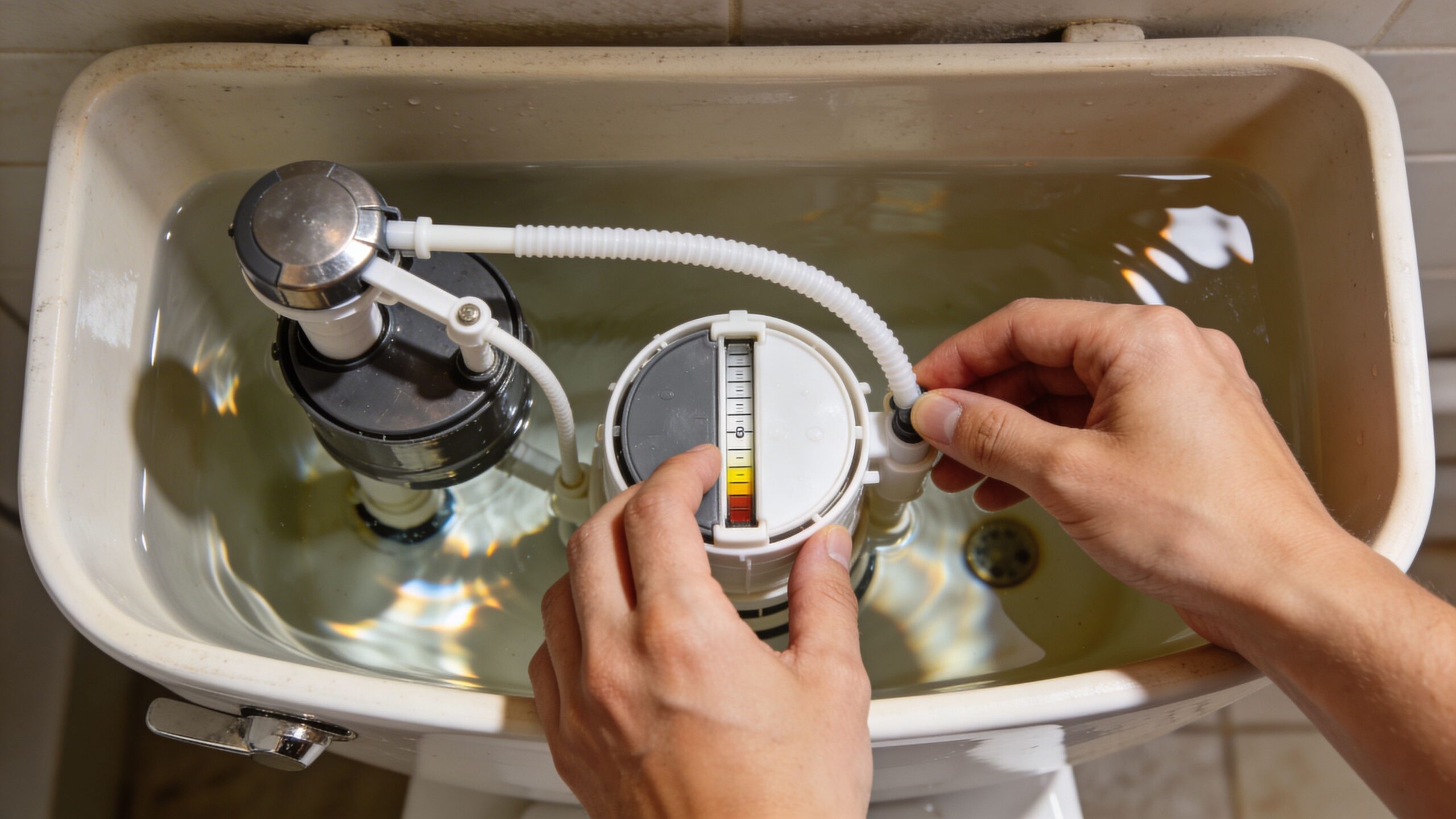 En person, der reparerer skyllemekanismen i en toiletcisterne for at løse problemet med et toilet, der løber.