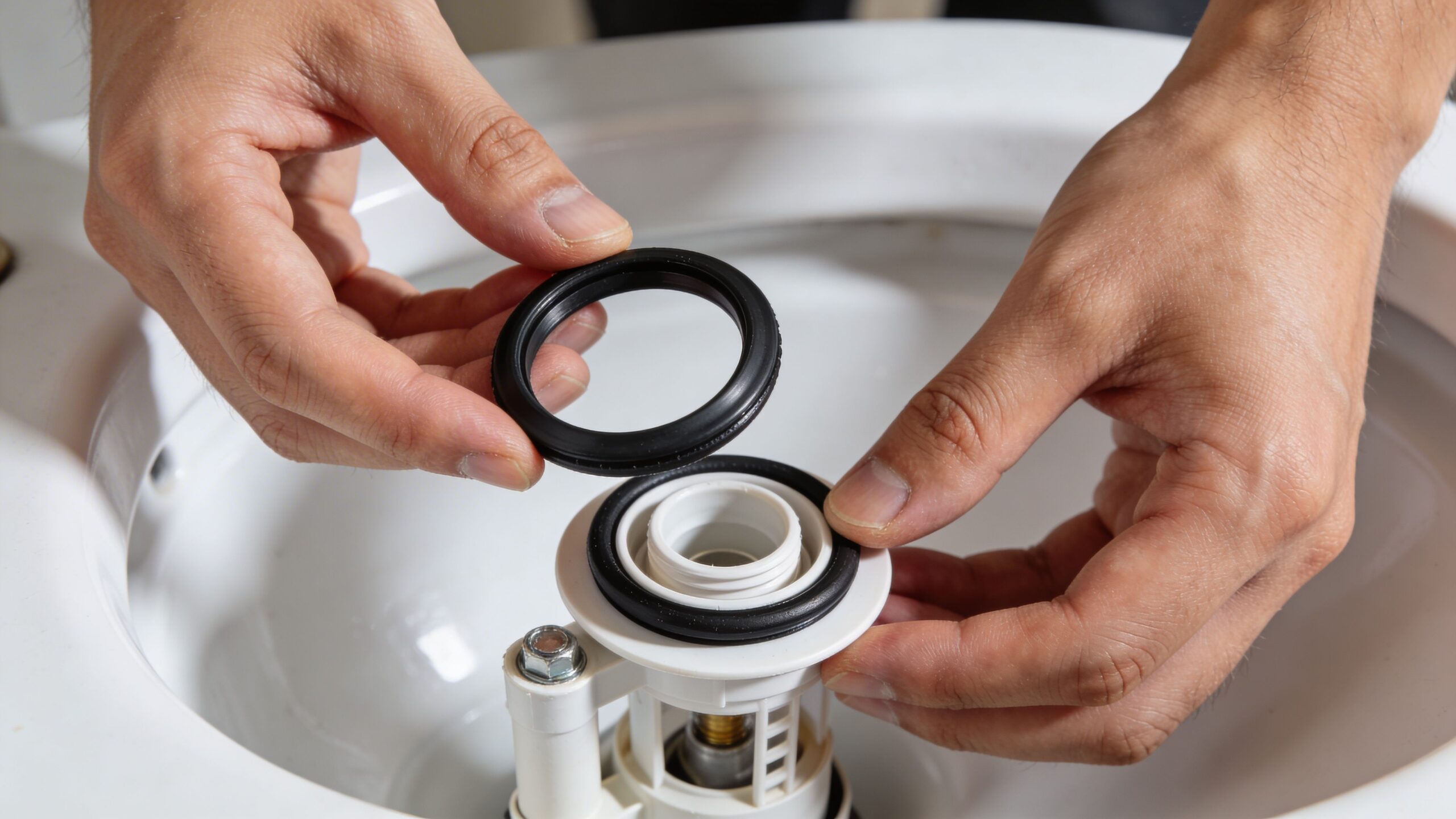 En person holder en gummipakning over en hvid toilet skyllemekanisme under vedligeholdelse eller reparation af toilettet.