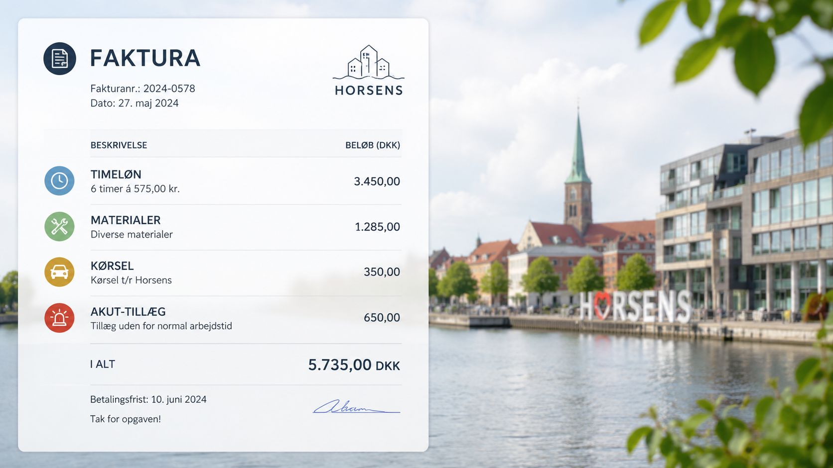 En faktura fra en entreprenør i Horsens med specificerede omkostninger for arbejde, materialer og kørsel.