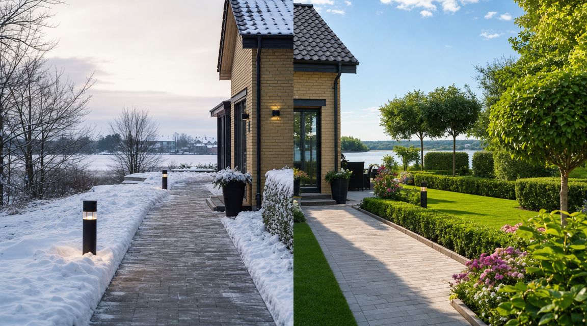 En sammenligning af et moderne murstenshus og have i både vinter og sommer med sne og blomster.
