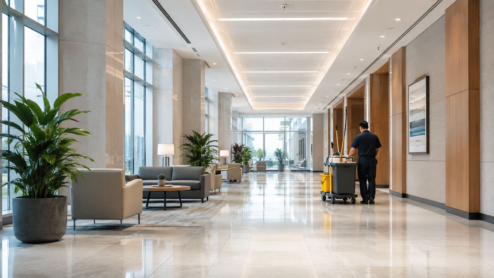 En rengøringsmedarbejder med en vogn går gennem en moderne, lys og rummelig lobby i en kontorbygning.