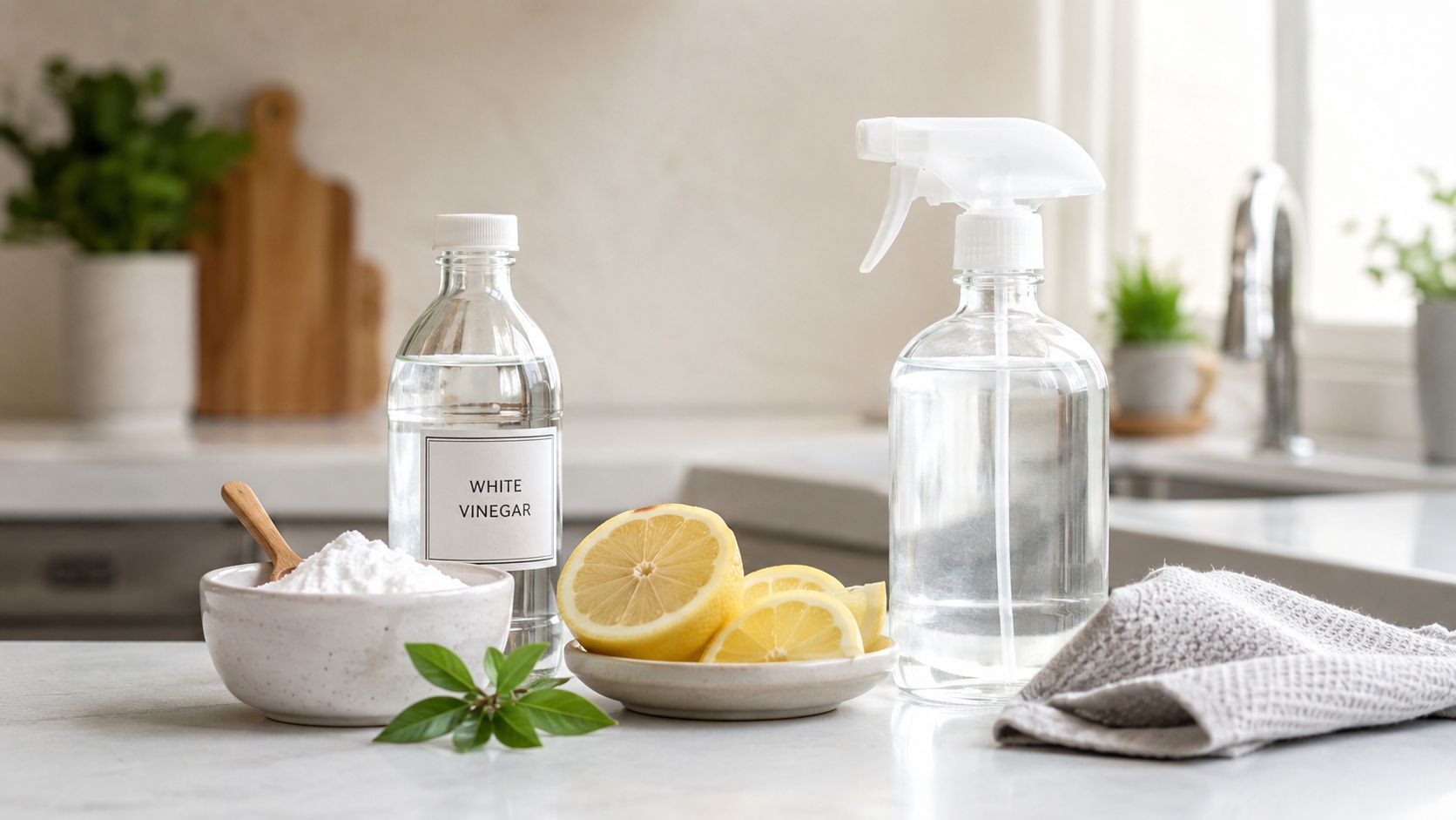 Miljøvenlige rengøringsmidler som eddike, bagepulver og citron på en køkkenbordplade til naturlig og bæredygtig rengøring i hjemmet.