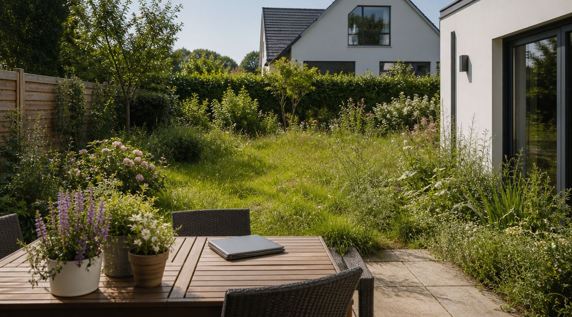 En solrig baghave med en træterrasse, en havestol, en bærbar computer og en vild have i Horsens.
