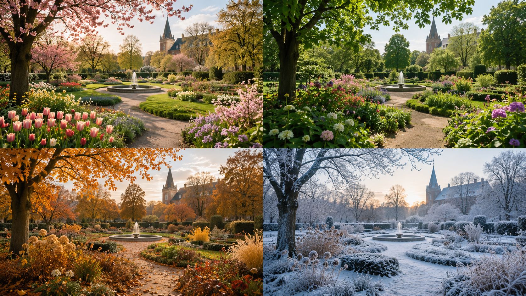 En smuk park med et springvand, der viser årstidernes skiften gennem forår, sommer, efterår og vinter.