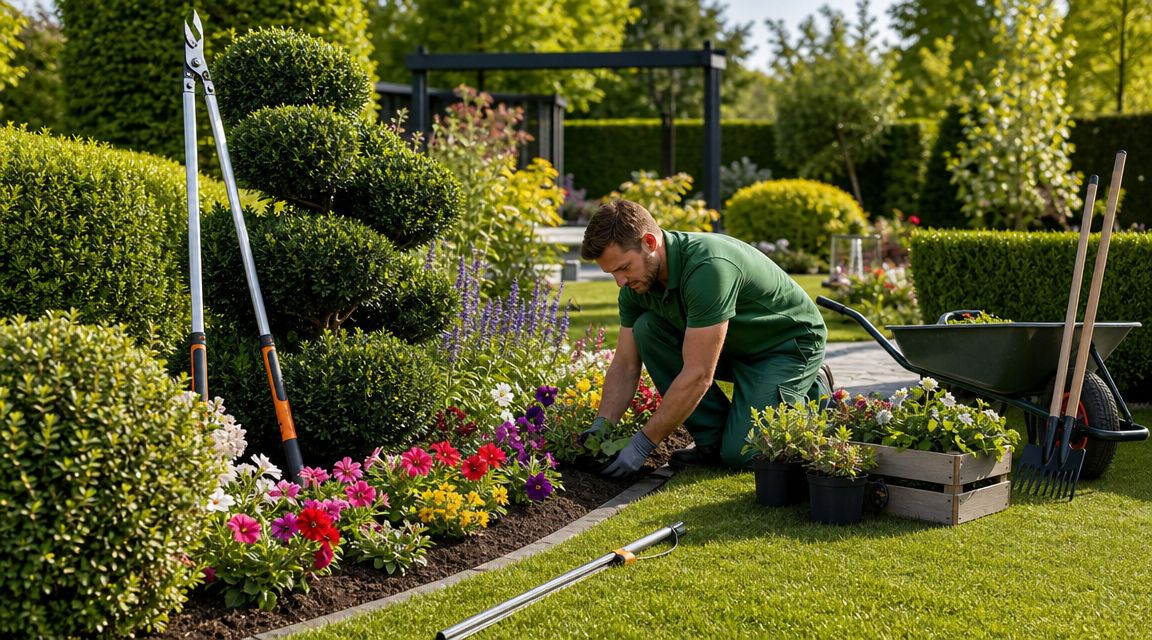 En professionel gartner arbejder med beplantning i en velholdt have med blomster og dekorative buske