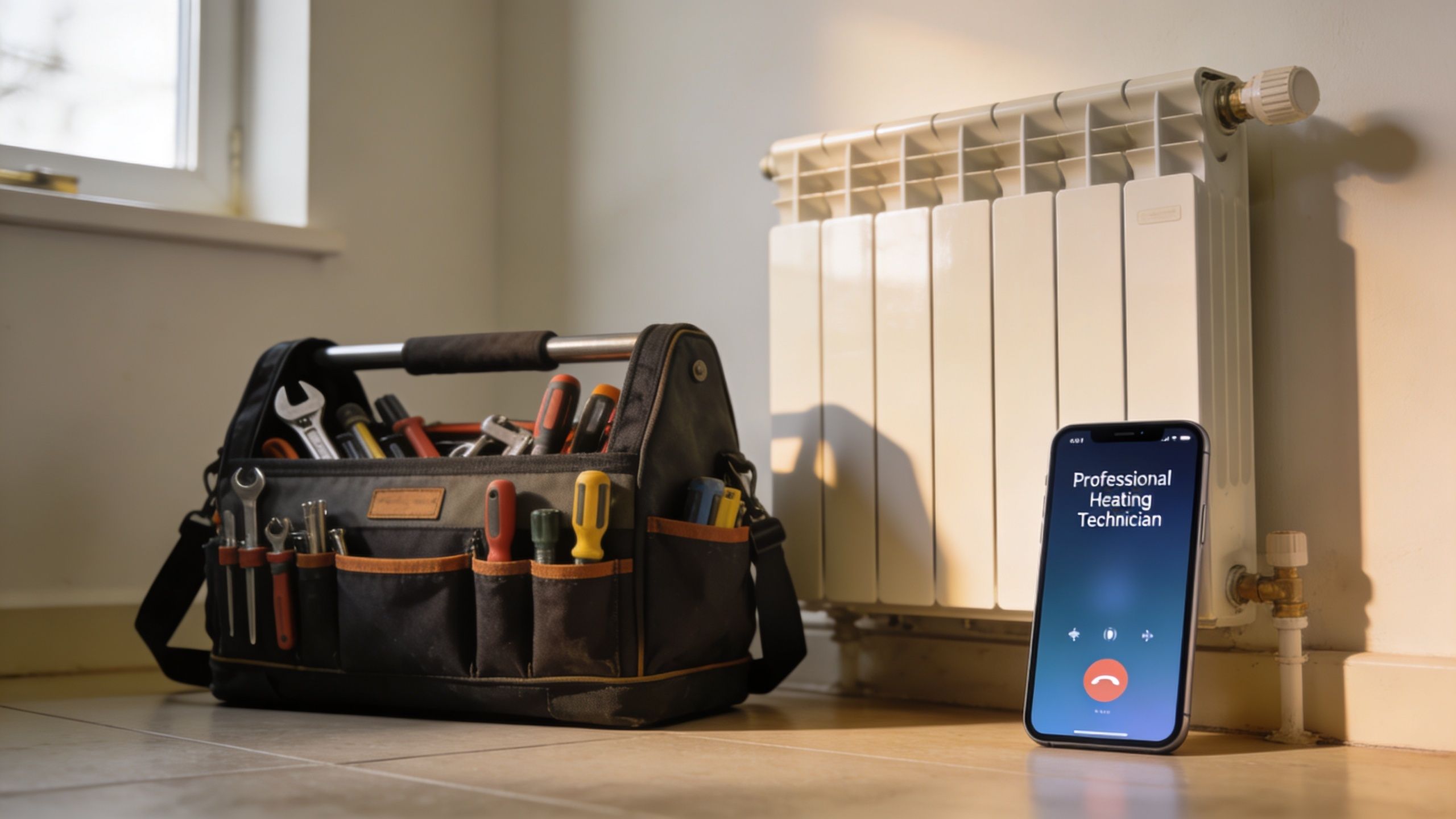 En værktøjstaske og en smartphone der ringer til en professionel varmetekniker ved siden af en radiator.
