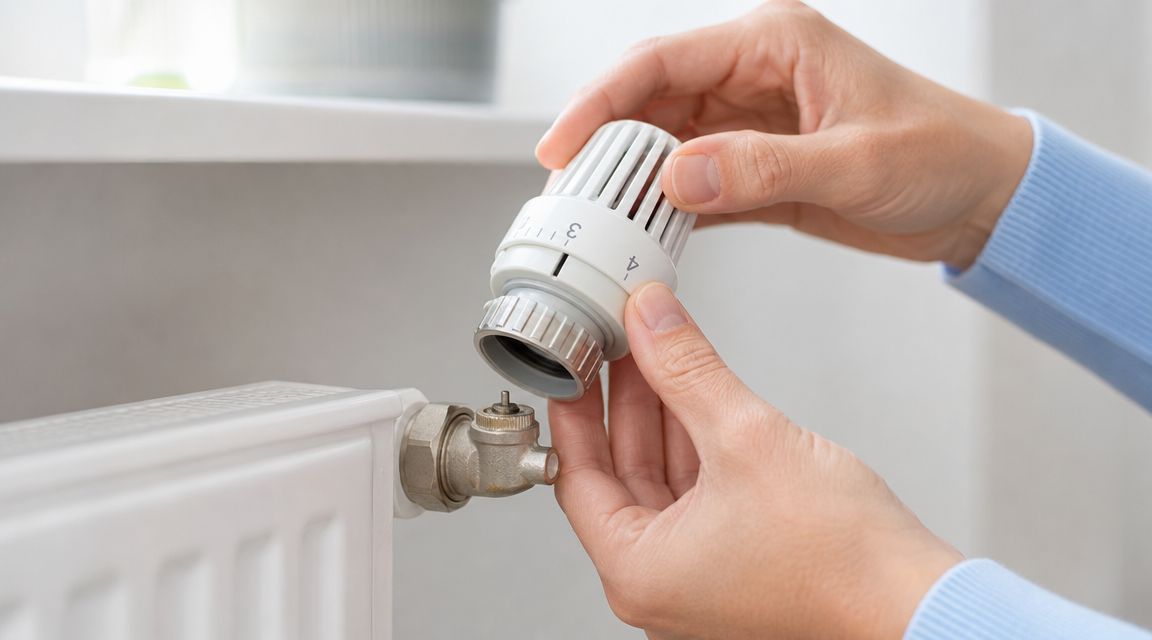 En person installerer en ny termostat på en radiator for at løse problemer med opvarmning i hjemmet.