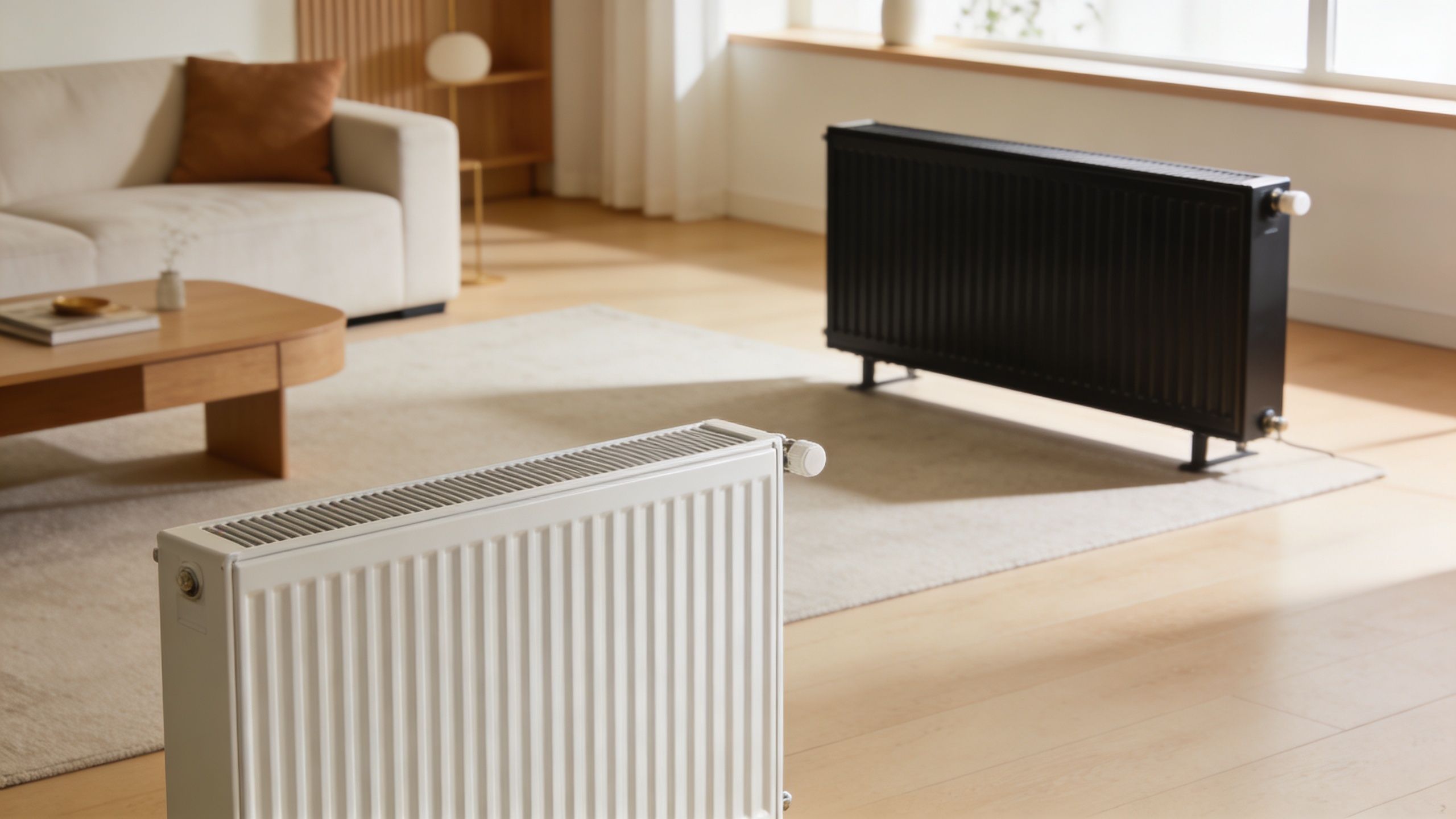 To moderne radiatorer, en hvid i forgrunden og en sort i baggrunden, placeret i en lys og stilfuld stue.