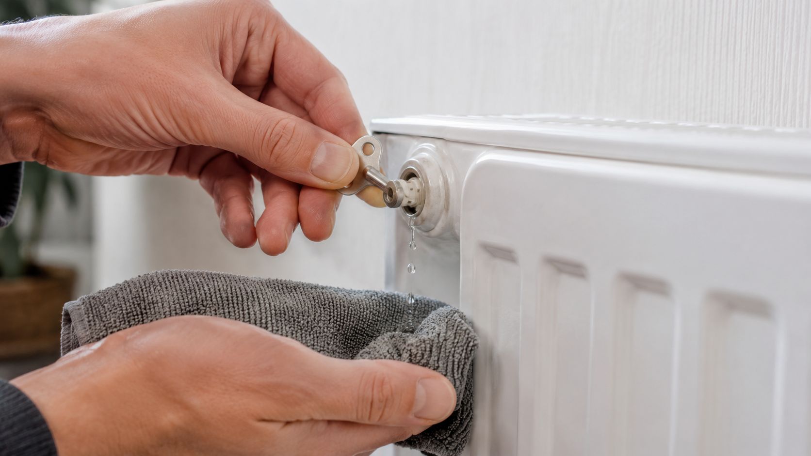 En person lufter en radiator ud ved hjælp af en radiatornøgle og en grå klud for opsamling.