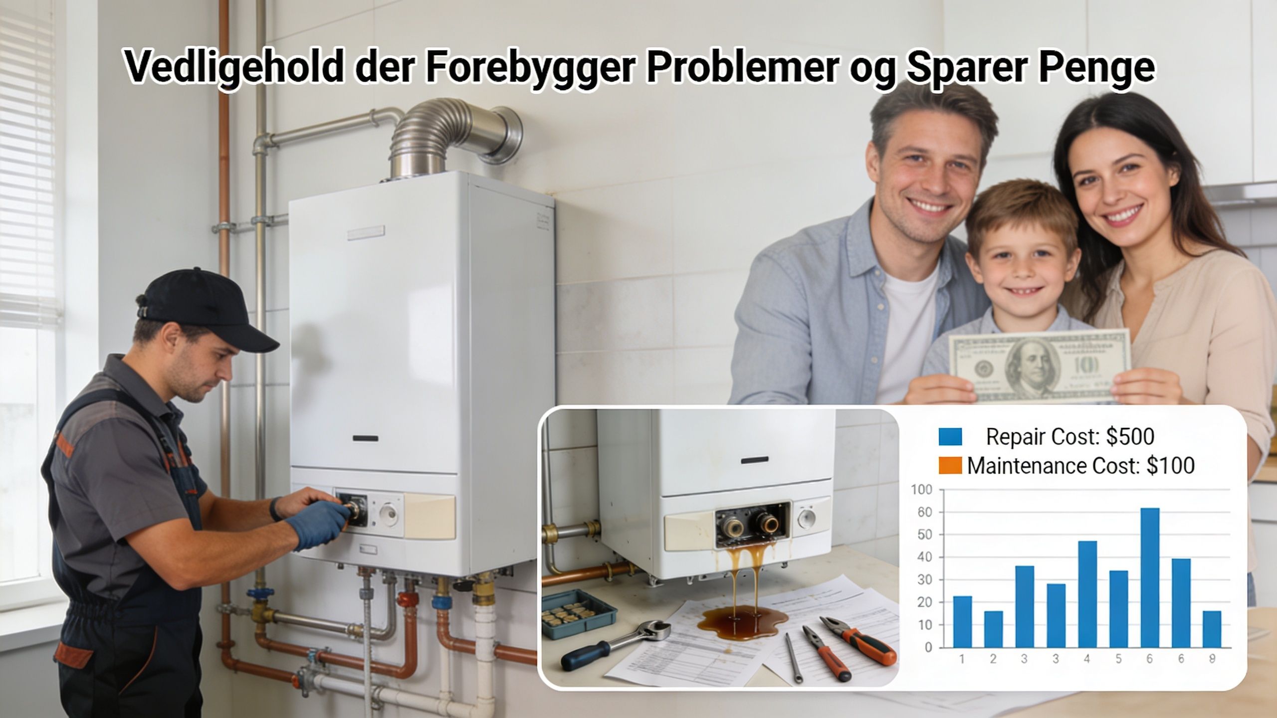 En tekniker reparerer et gasfyr, mens en familie sparer penge ved forebyggende vedligeholdelse af varmesystemet.