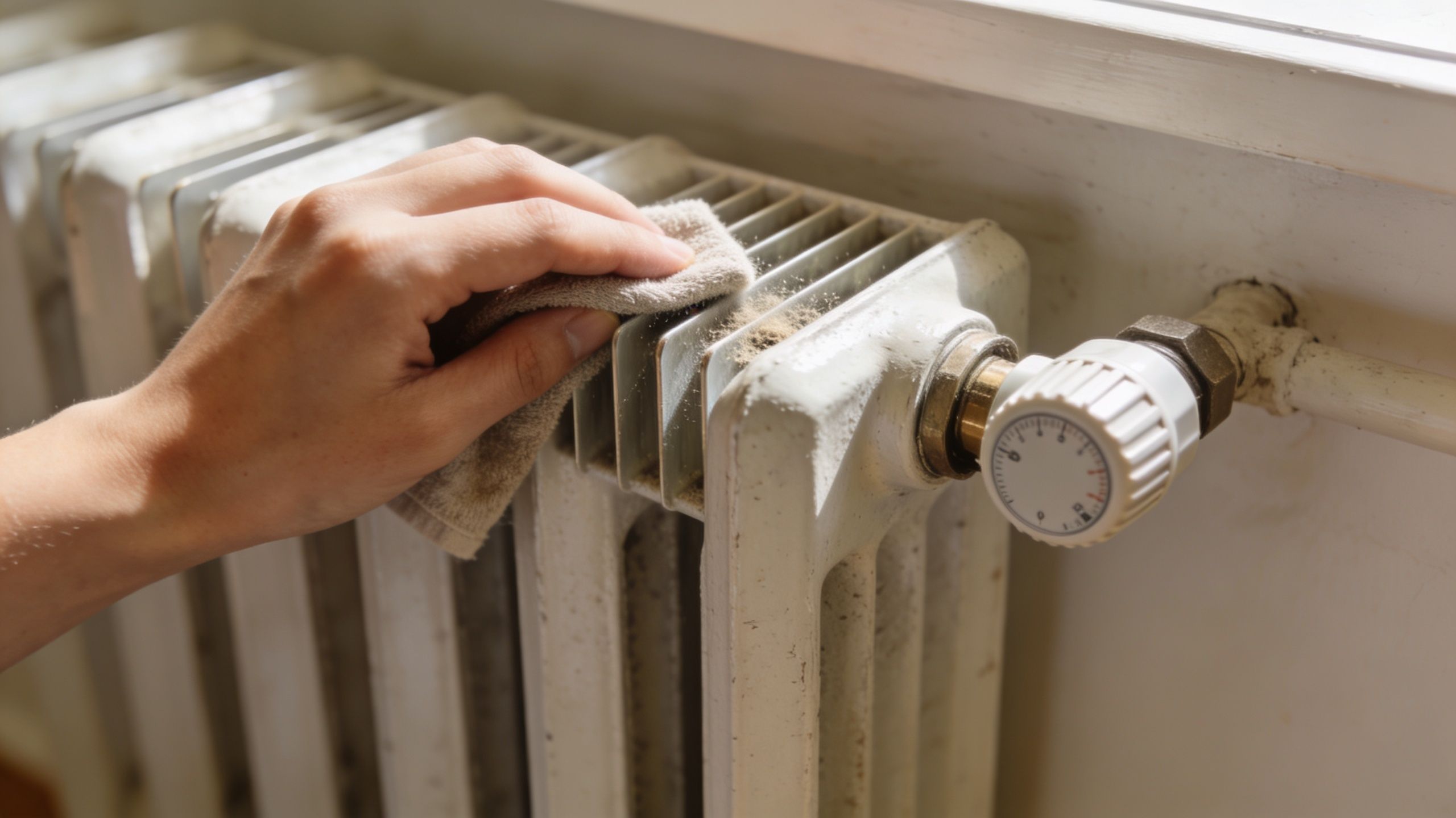 En hånd bruger en støvklud til at rengøre støv fra en ældre radiator i en bolig.